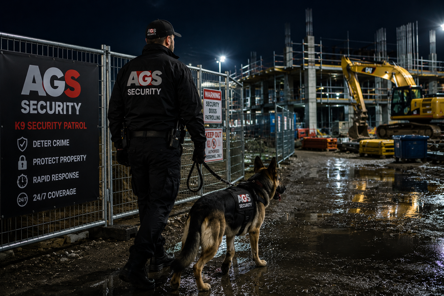Security dog handler patrolling a construction site at night
