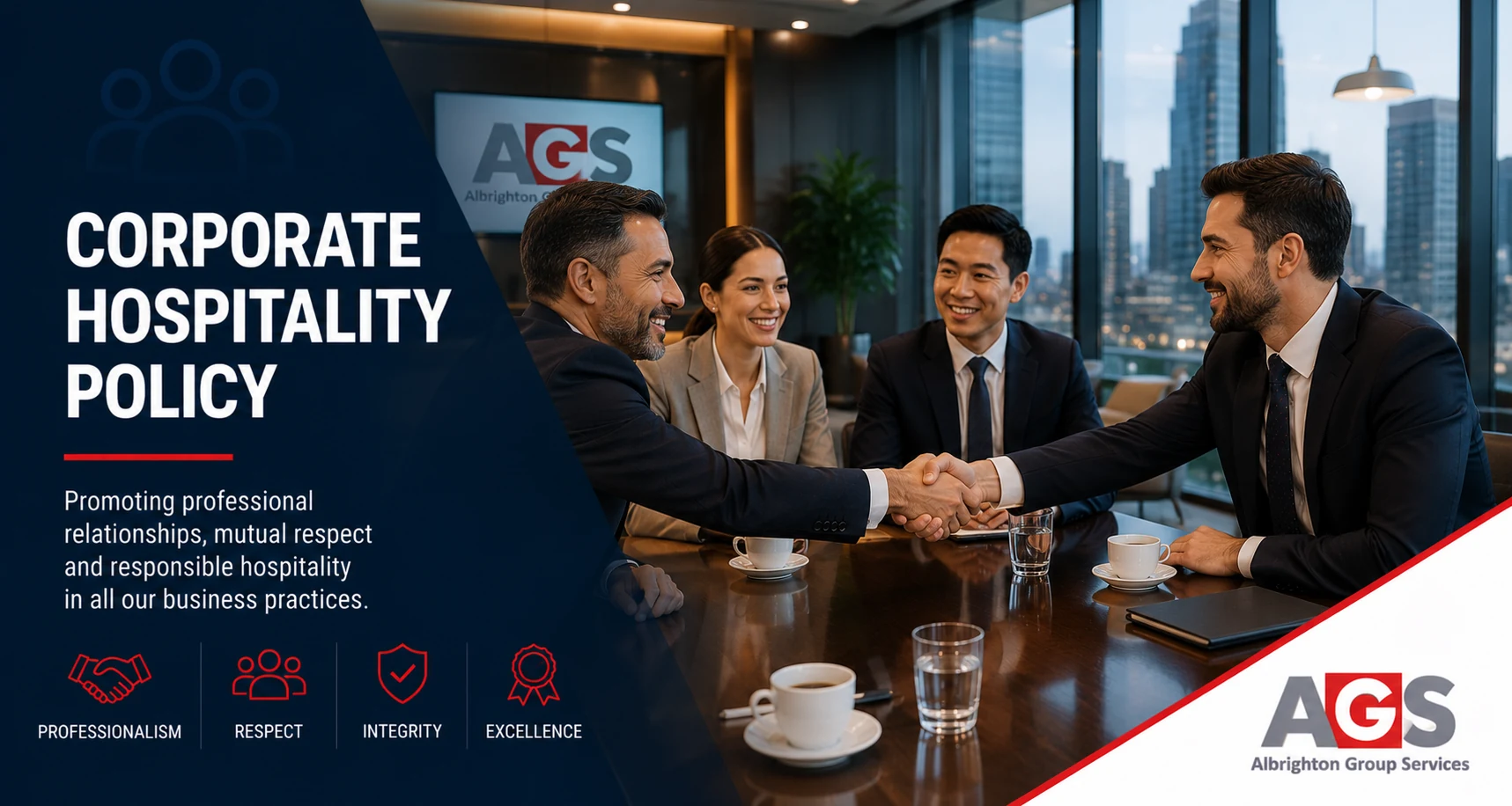 Two business people shaking hands across a meeting table
