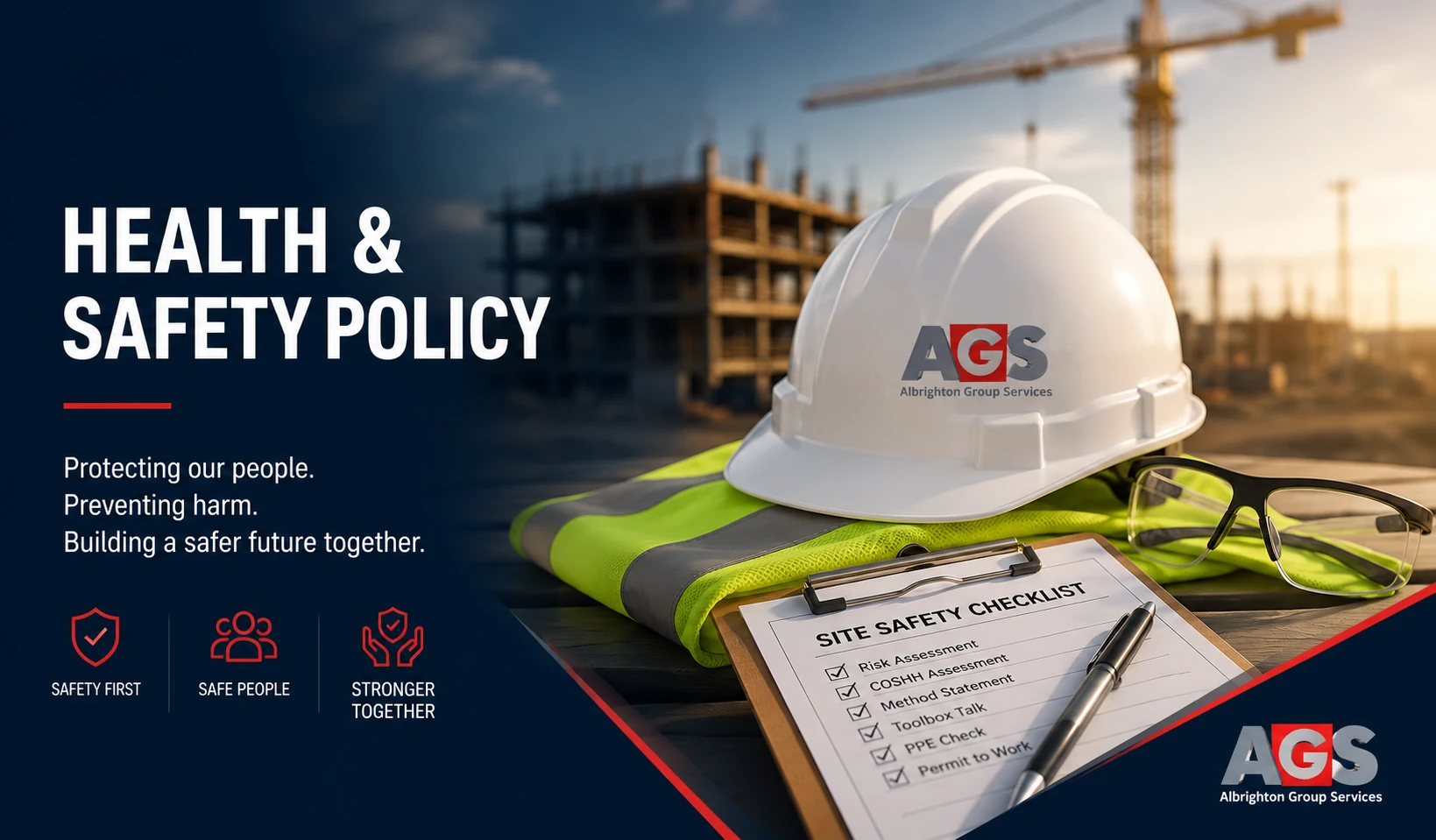 Site safety checklist, hard hat, safety glasses and hi-vis vest on a construction site