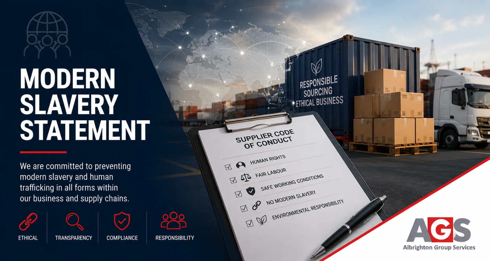 A supplier code of conduct checklist in front of a shipping container and stacked pallets