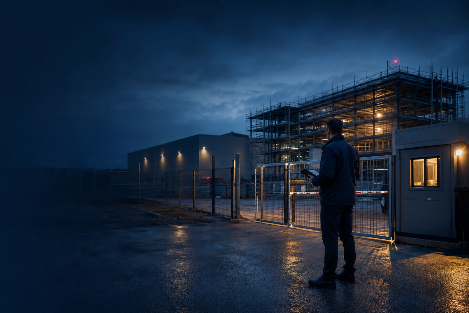 AGS Security consultant surveying a UK construction site at dusk ahead of a CCTV system design
