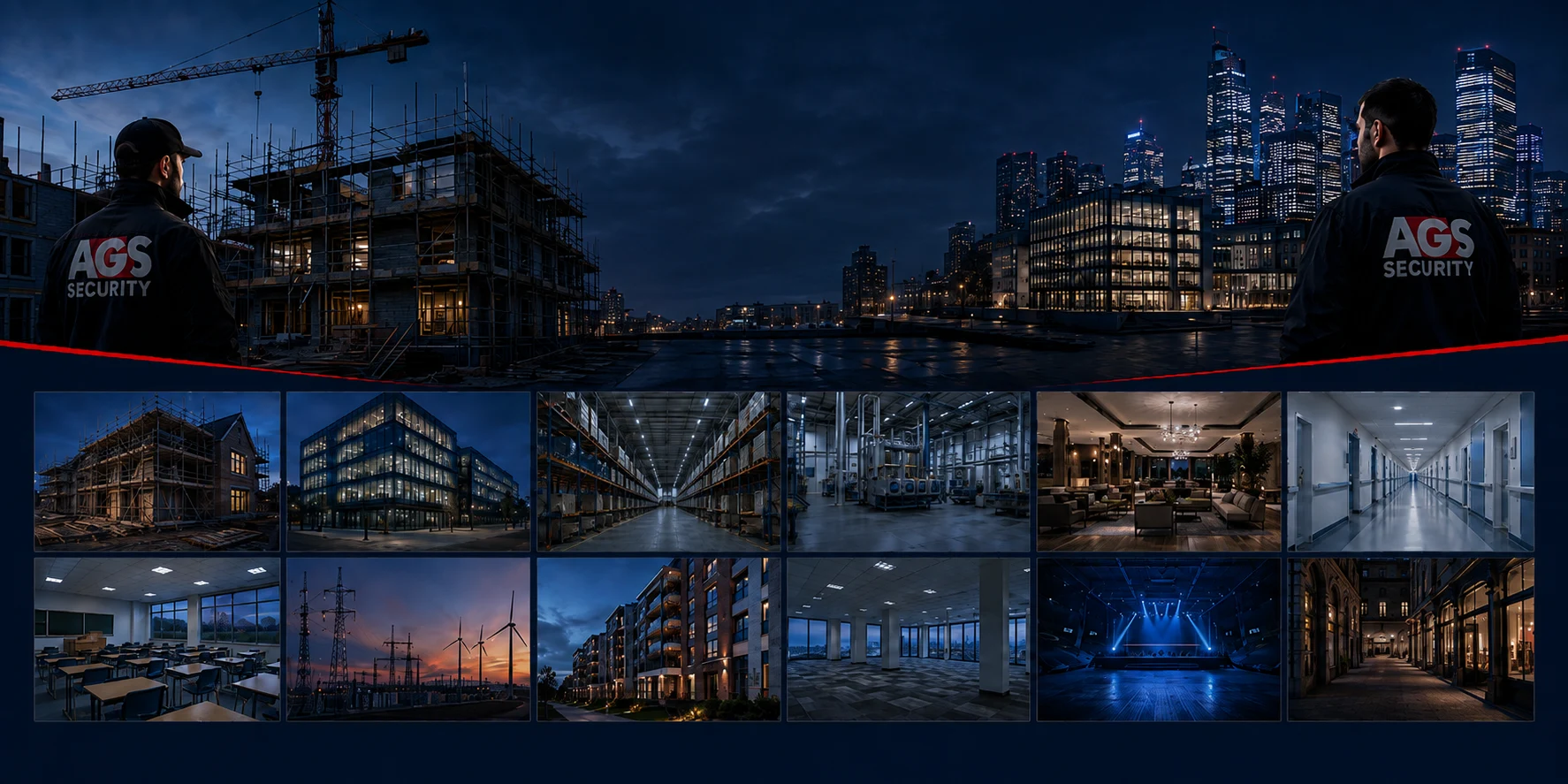AGS Security officer overlooking a UK construction site and city skyline at dusk