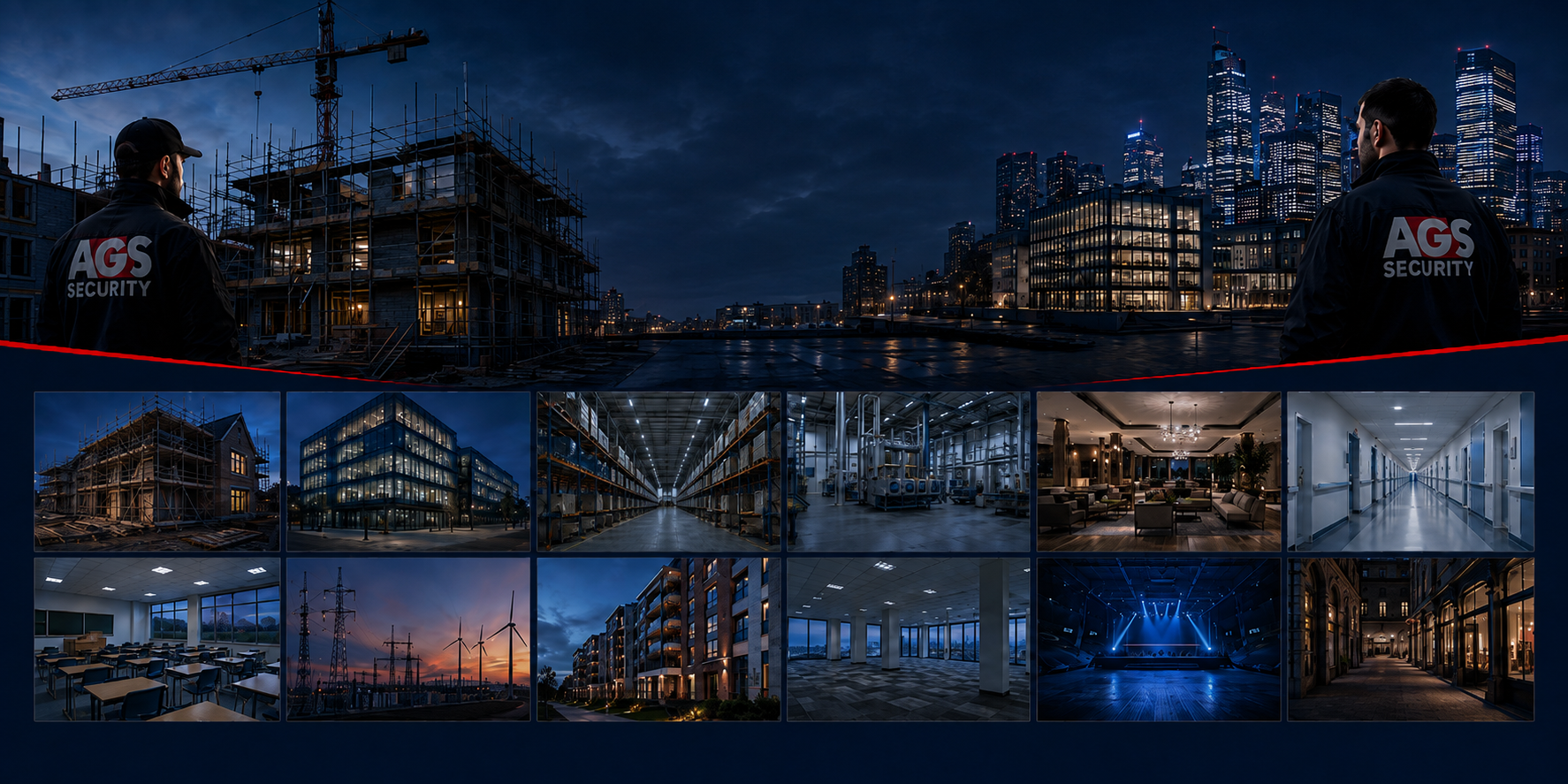 AGS Security officer overlooking a UK construction site and city skyline at dusk