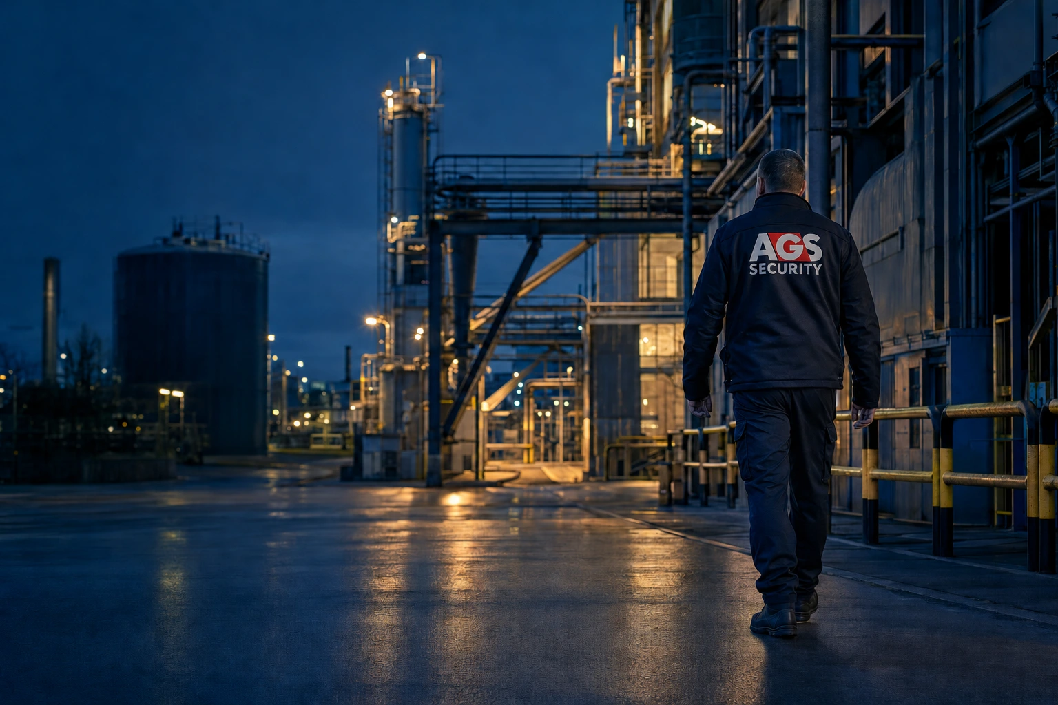 AGS Security officer patrolling a UK industrial site during a night shift