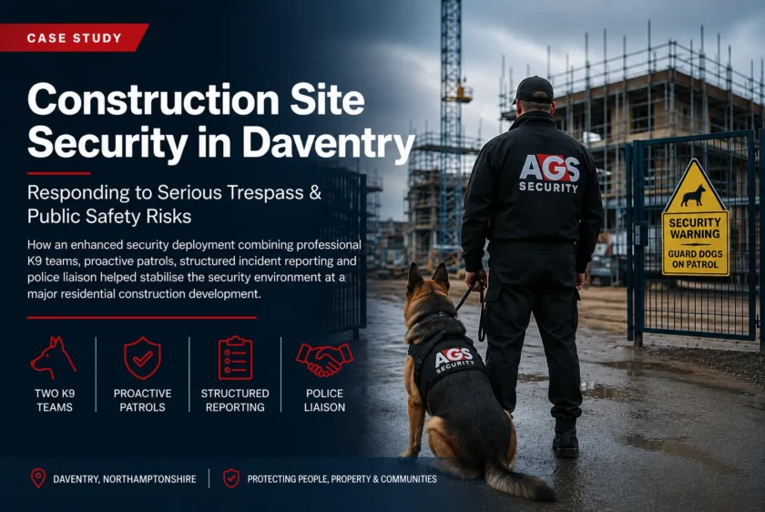 AGS Security construction site security case study in Daventry, Northamptonshire, featuring K9 security and proactive site patrols