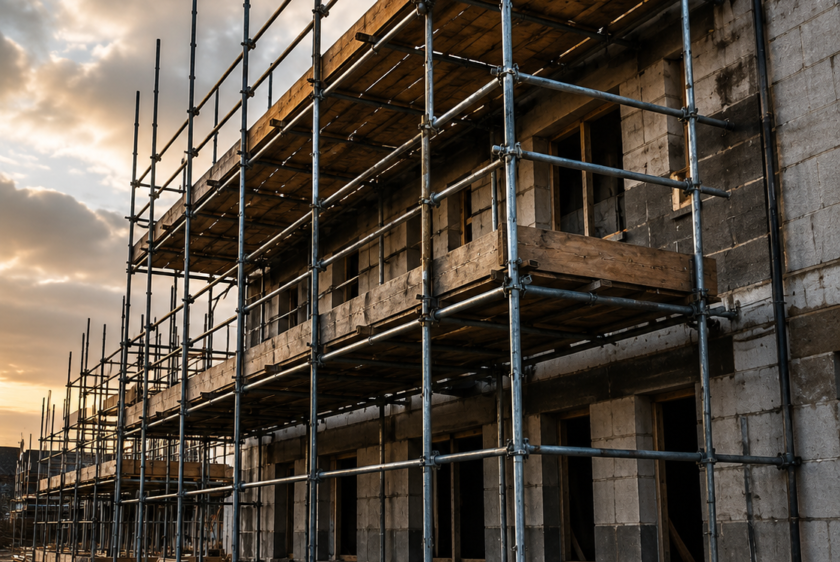 Building under construction surrounded by scaffolding