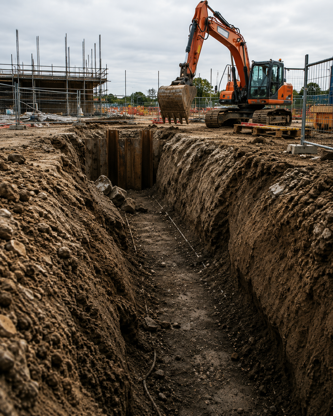 Open excavation and trench on a construction site