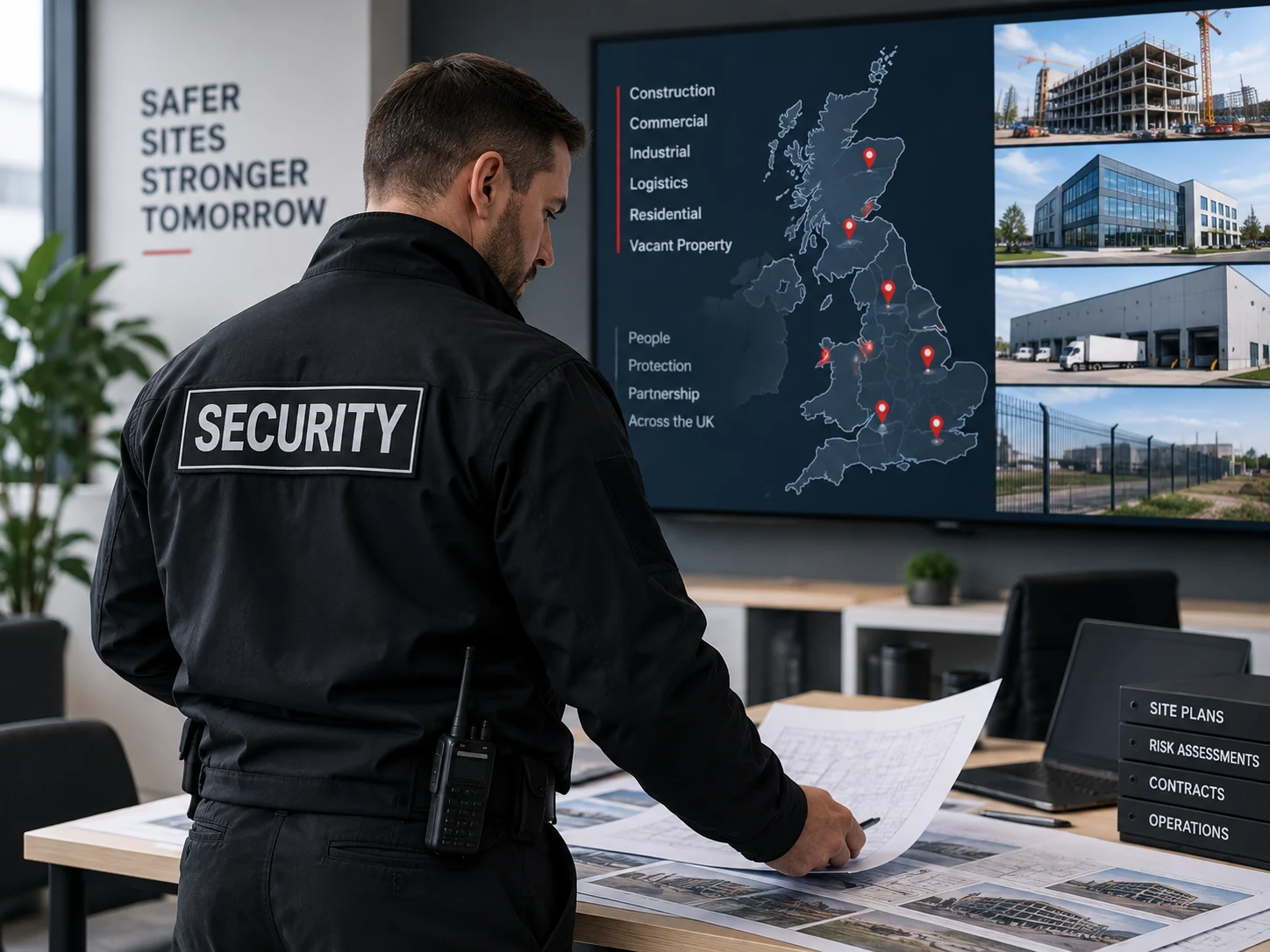 AGS Security officer reviewing site plans and paperwork at a desk