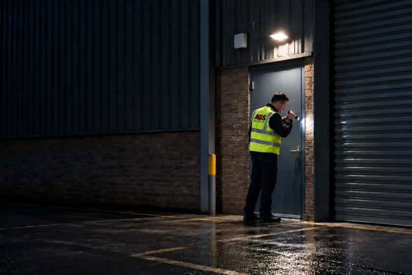 Security officer checking the door of a commercial unit with a torch during a night alarm response