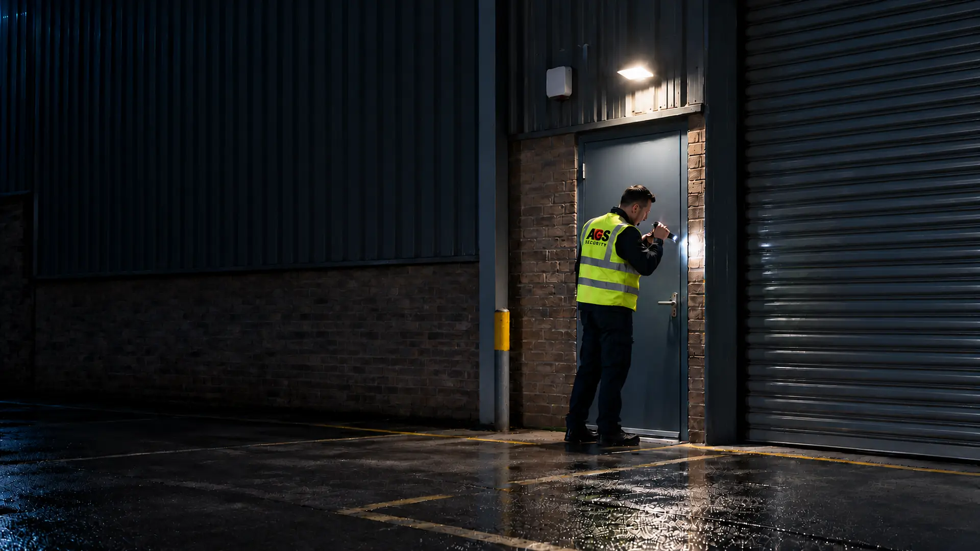Security officer checking the door of a commercial unit with a torch during a night alarm response