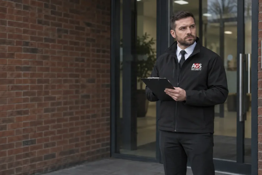 SIA licensed security officer checking visitor details at the entrance of a commercial building