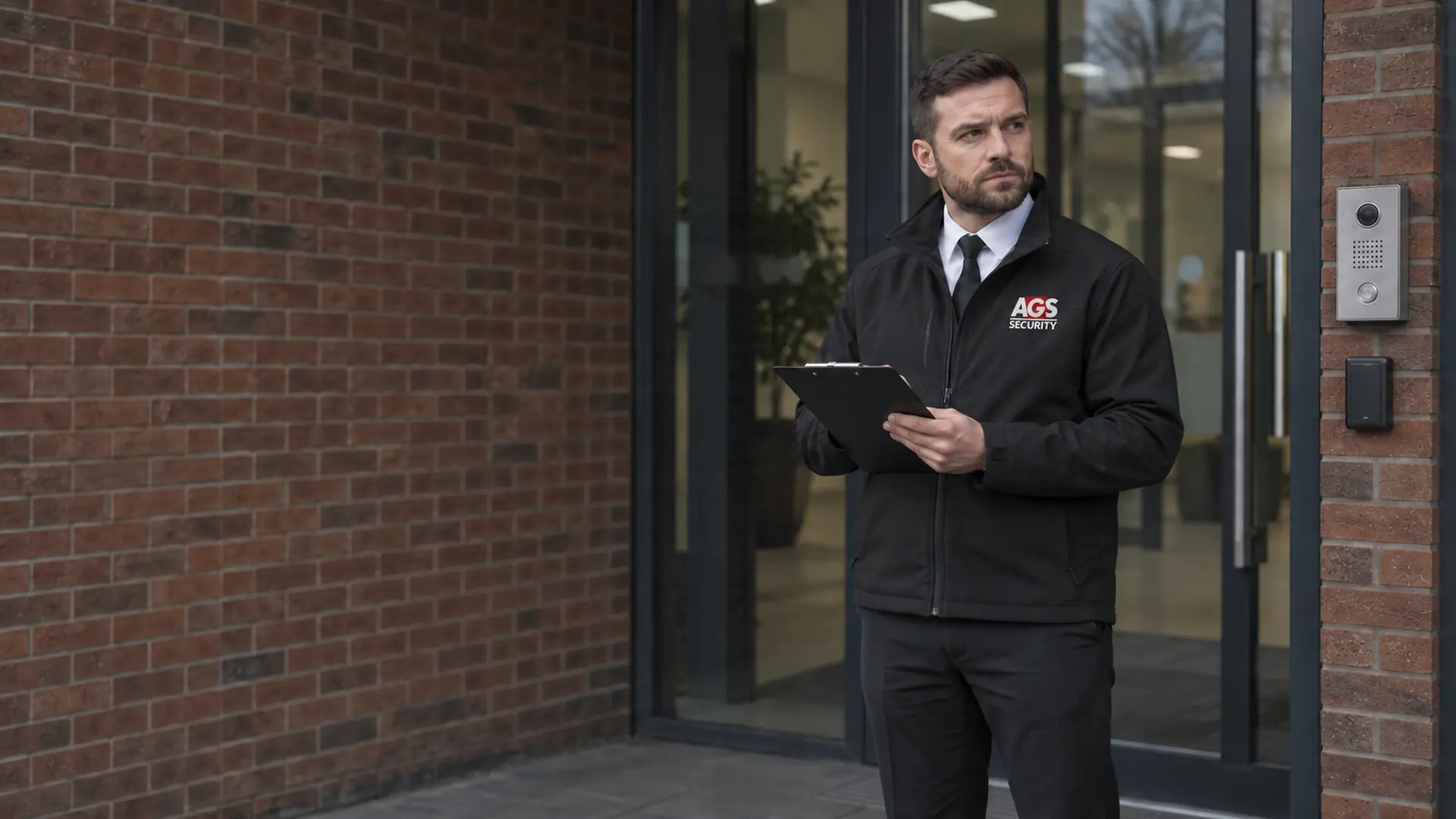 A security officer on duty at a commercial building, where security officer pay accounts for most of the contract cost