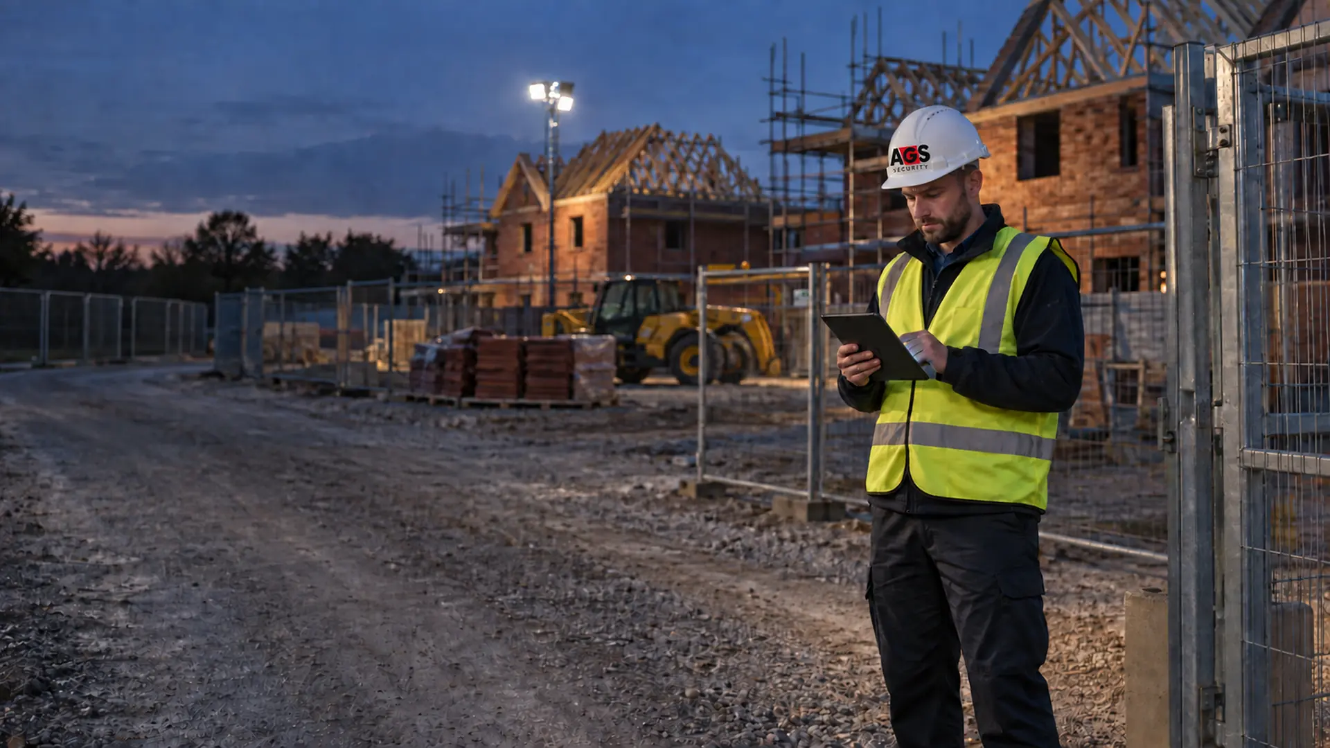 Security officer with a tablet at the entrance to a housing development under construction at dusk