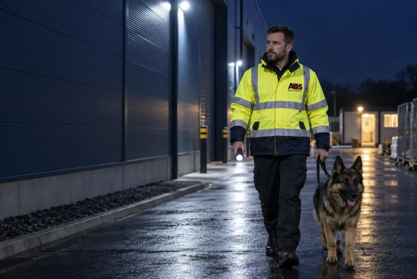 Security dog handler and German shepherd on a night patrol at a commercial premises