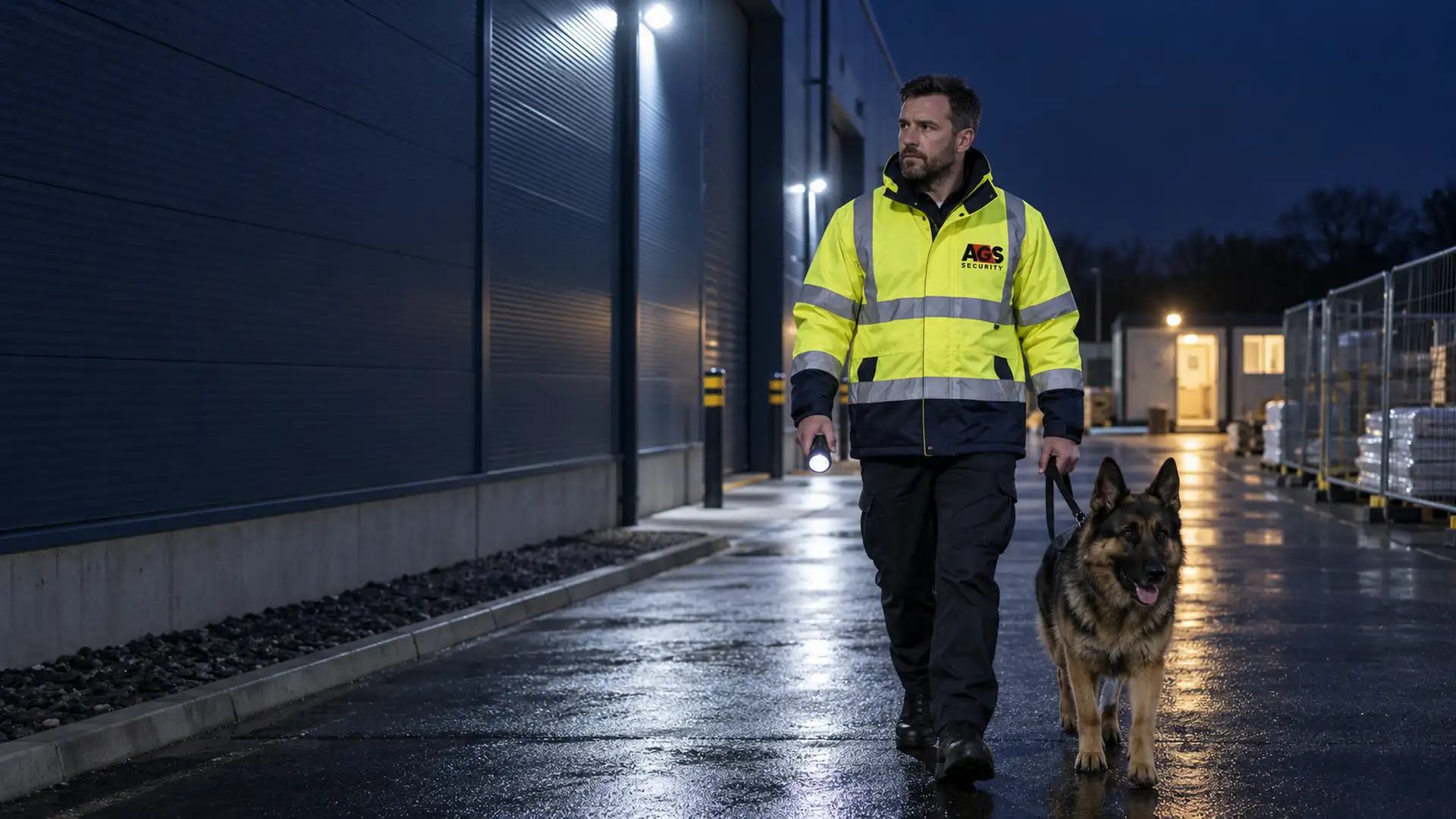 Security dog handler and German shepherd on a night patrol at a commercial premises