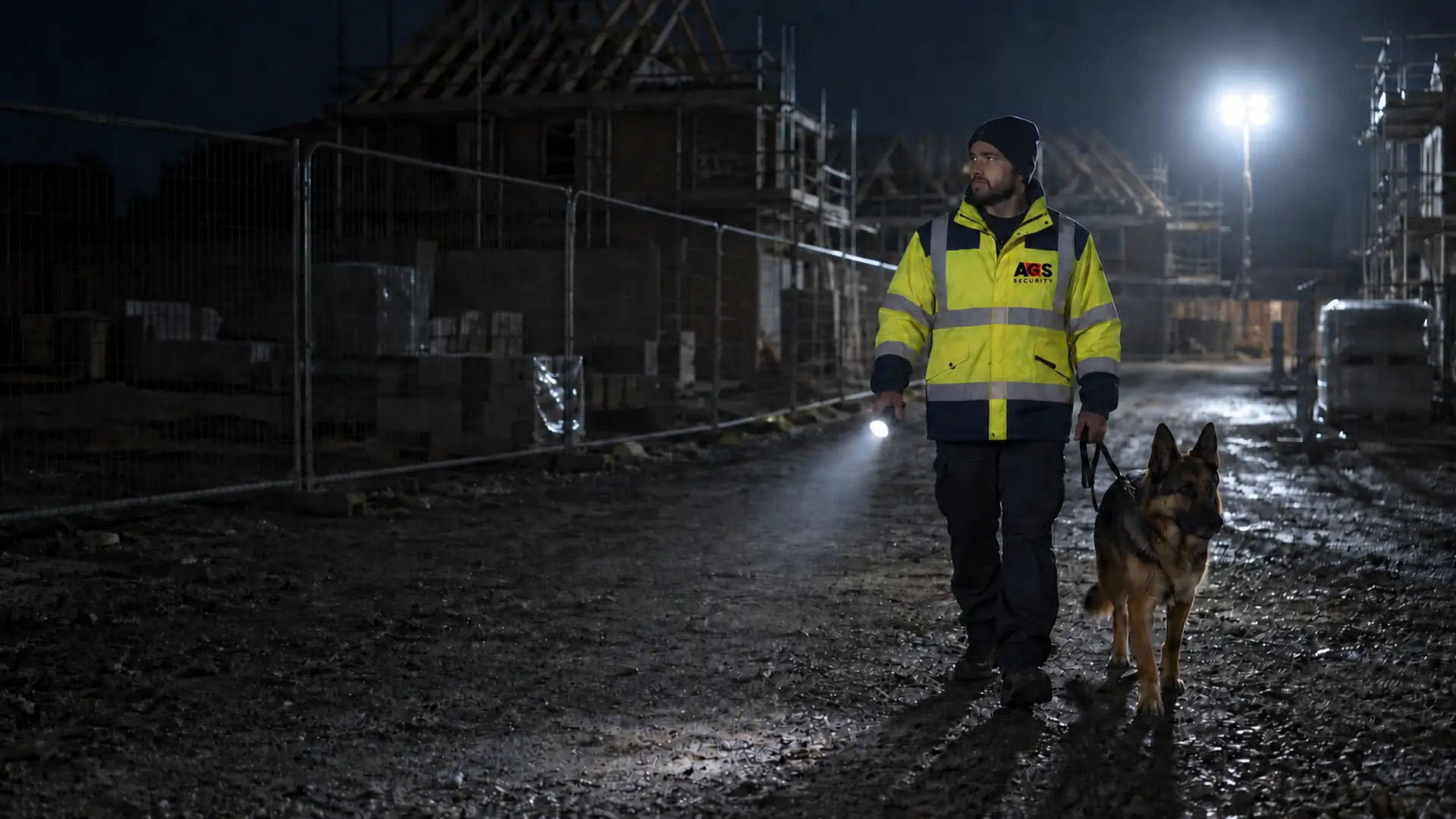 Security dog handler and patrol dog covering a construction site perimeter at night