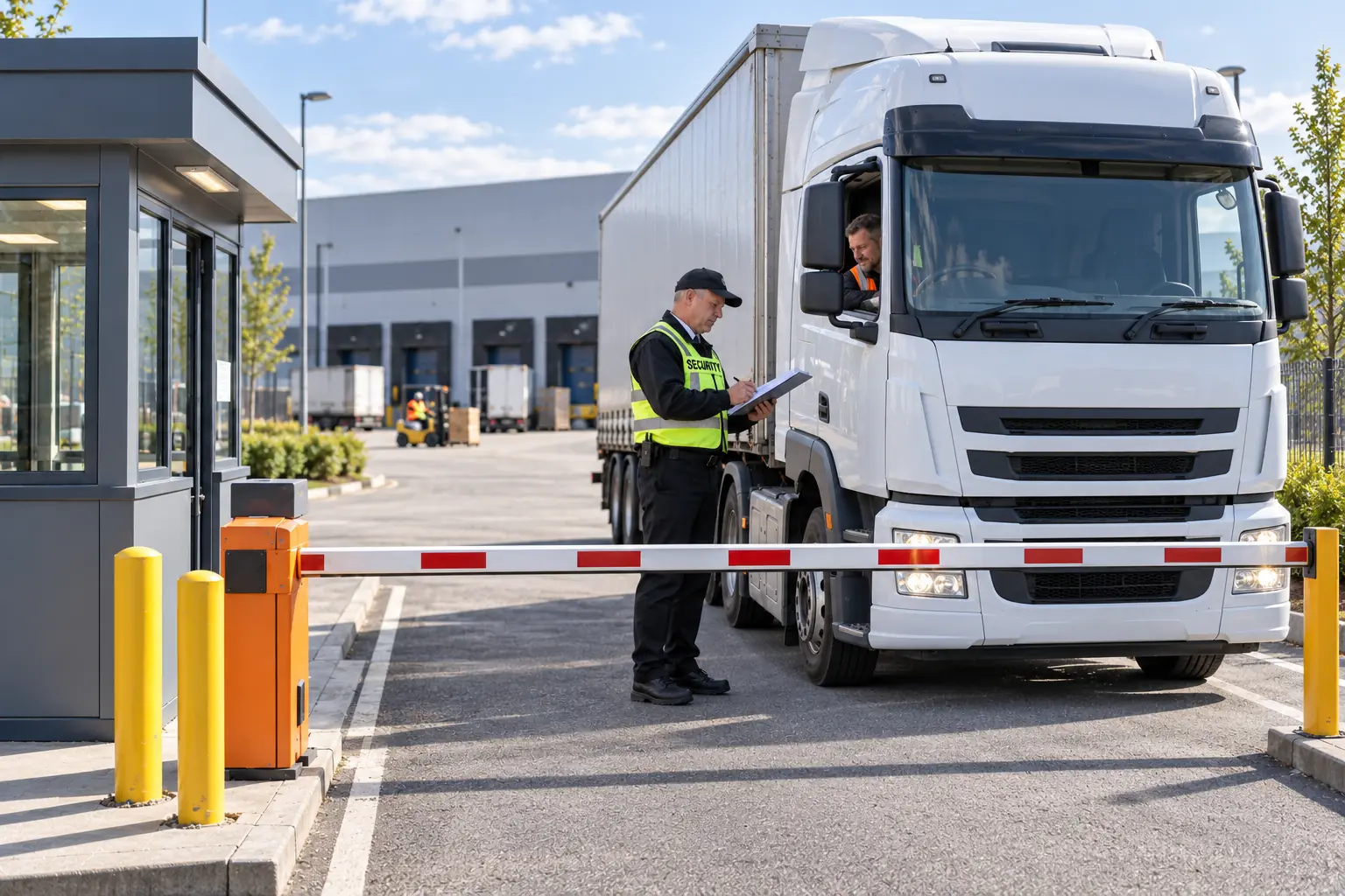 Industrial site security officer checking HGV delivery paperwork at a barrier