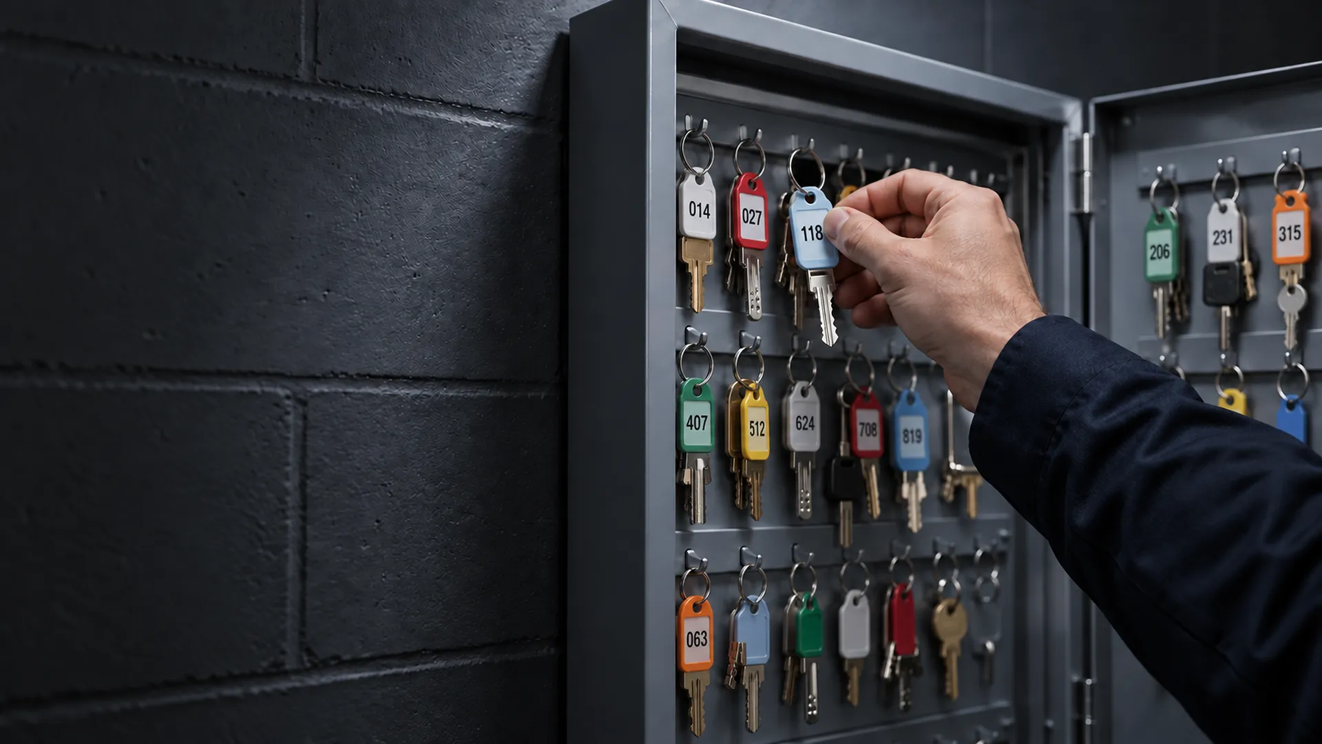 Hand taking a numbered keyring from a secure steel key cabinet