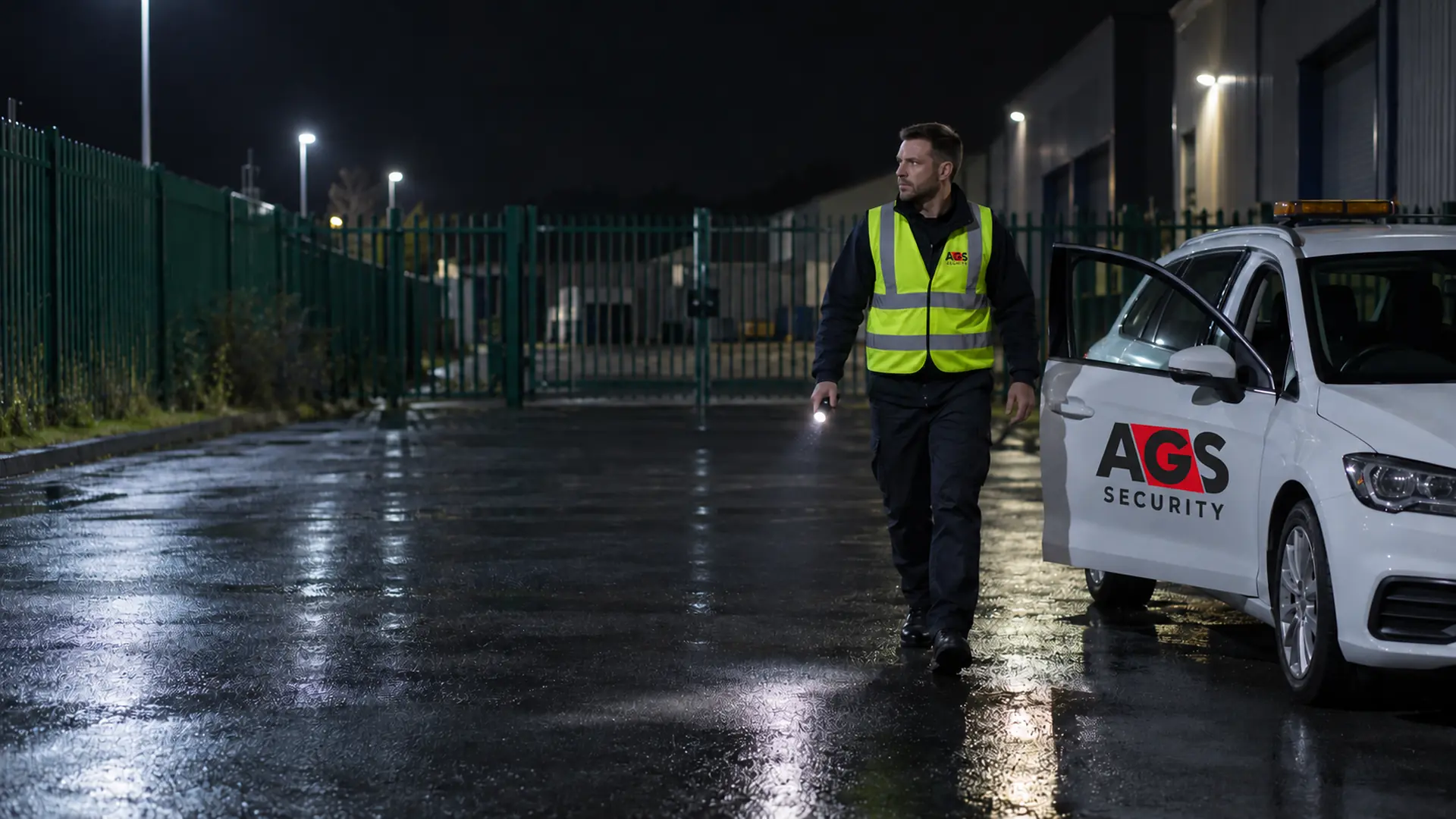 Security officer on a night mobile patrol beside a marked AGS patrol vehicle at an industrial estate
