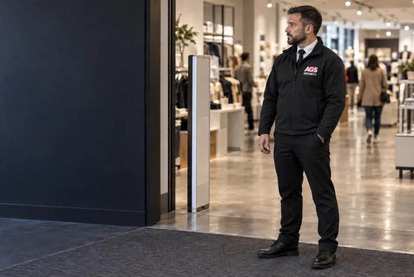 Retail security officer observing the shop floor from the entrance of a store