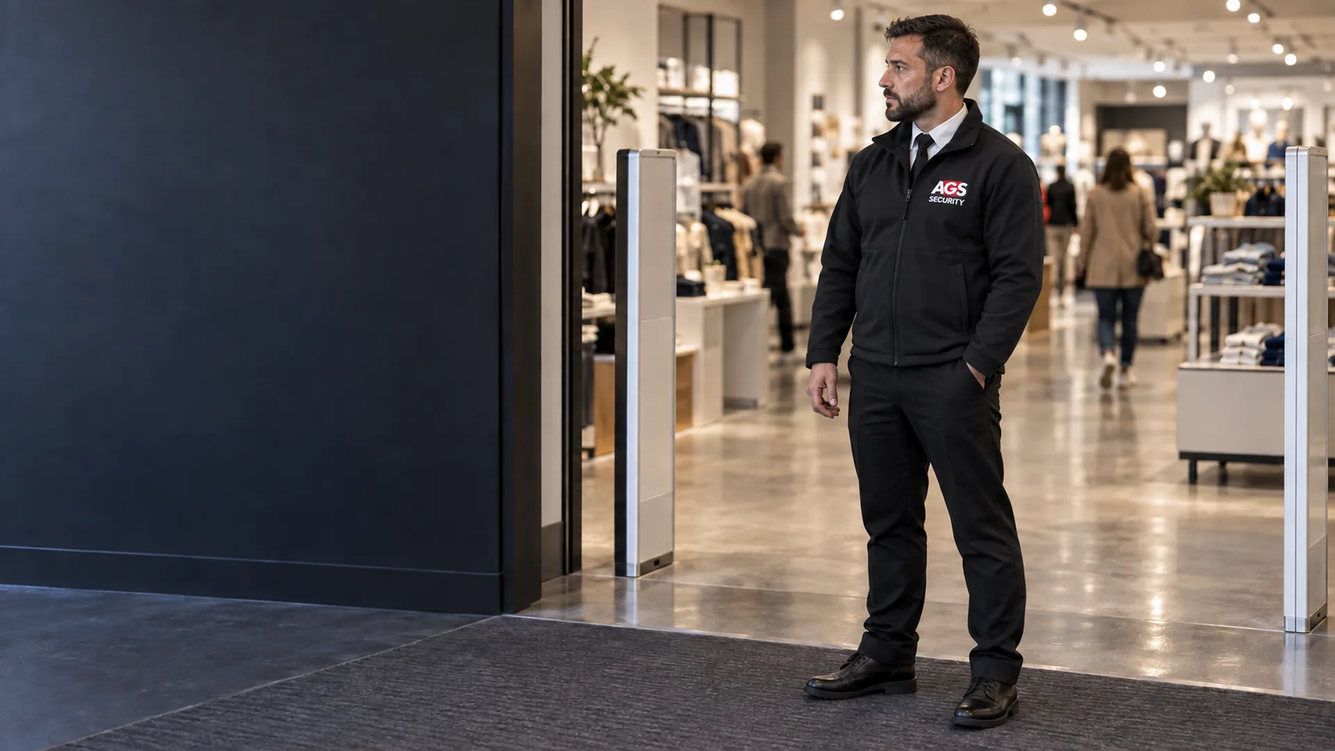 Retail security officer observing the shop floor from the entrance of a store