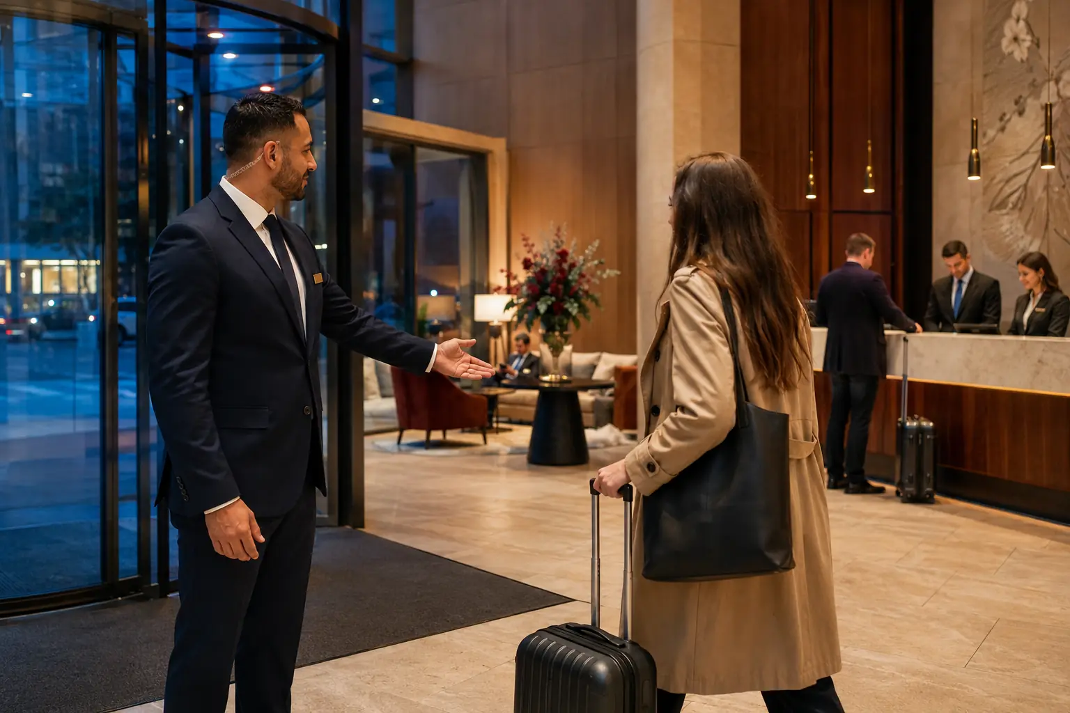 Hospitality security officer welcoming a guest at a modern hotel entrance