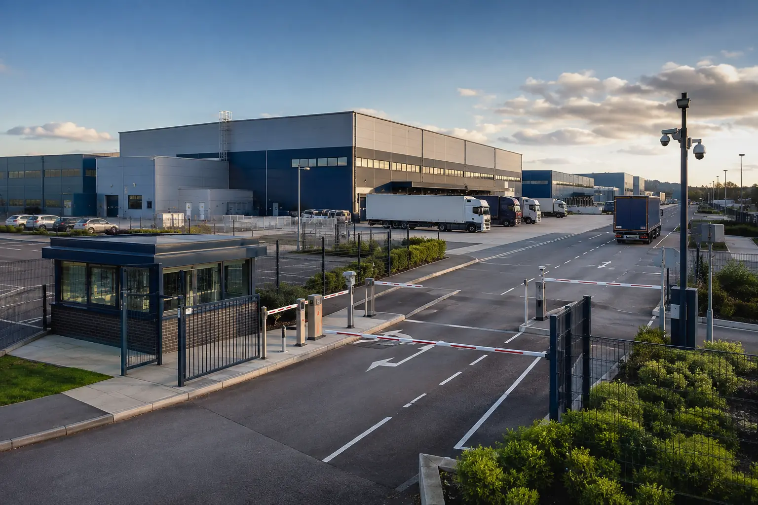 Secure industrial site entrance with gatehouse, access barriers, CCTV and loading bays
