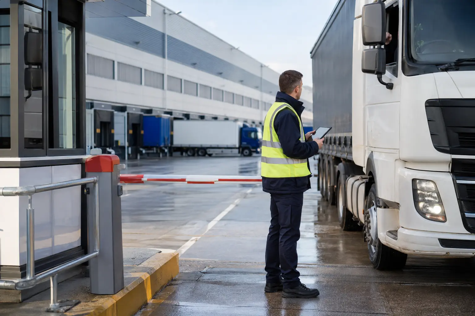 Security officer carrying out an HGV access-control check at a warehouse entrance