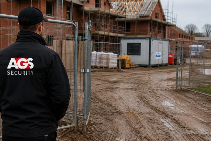 AGS Security officer viewed from behind at the open gate of a part-built housing development, with heras fencing, scaffolding and a site cabin