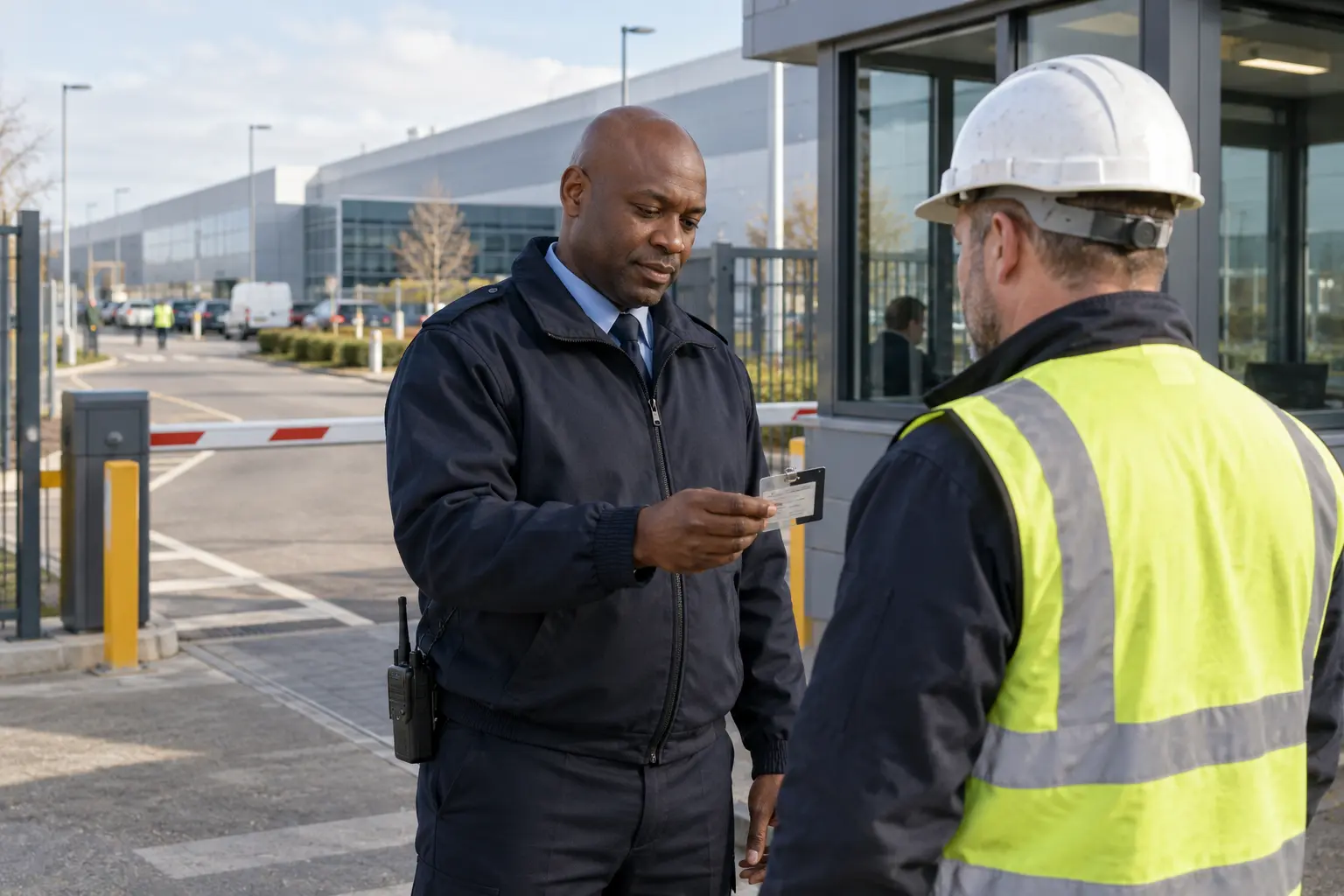 Security officer checking contractor identification at the entrance to a vehicle manufacturing facility