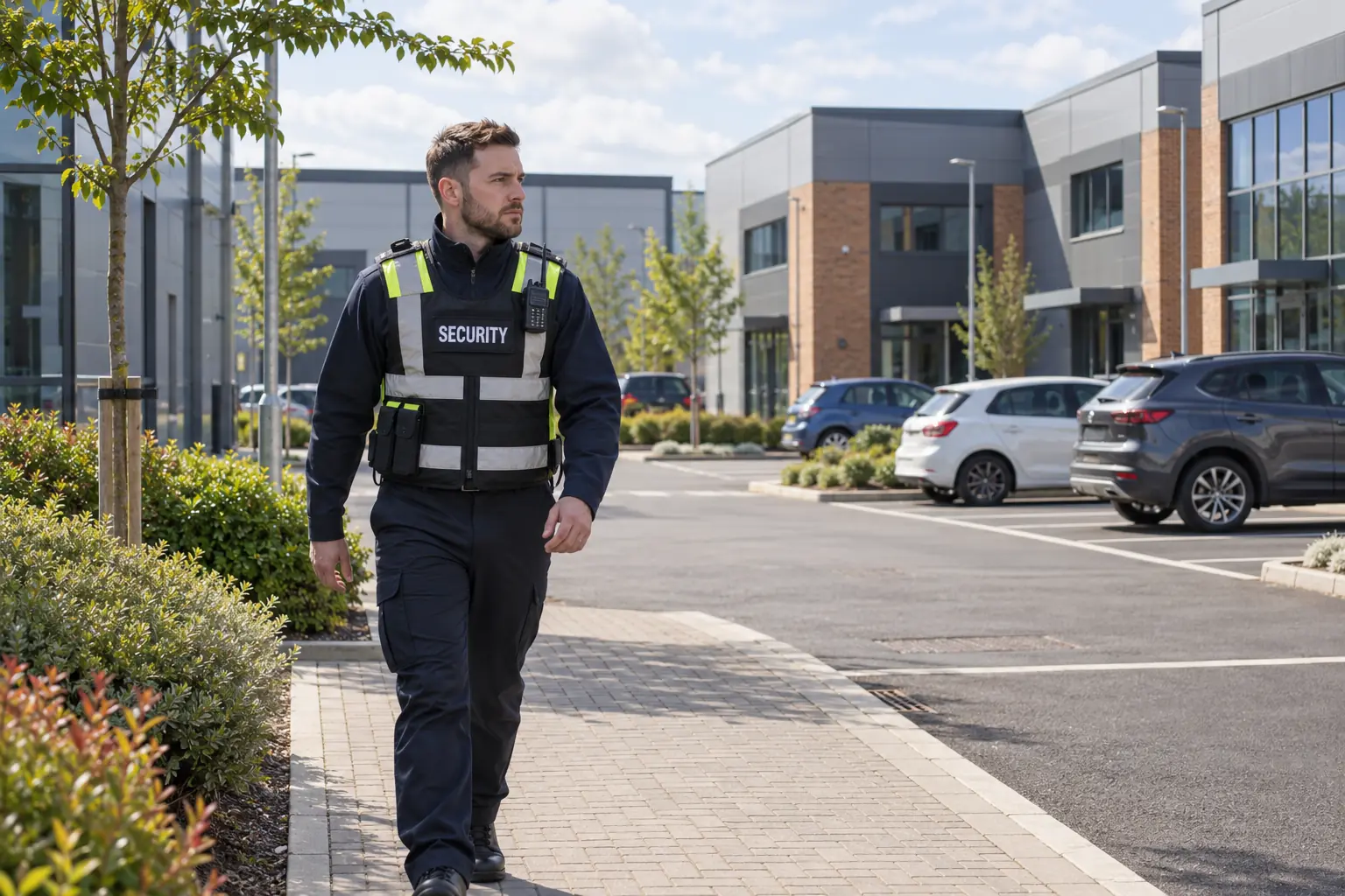 Security officer on patrol between modern business park units and visitor parking