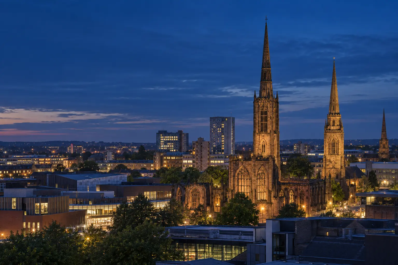 Coventry city centre skyline at blue hour