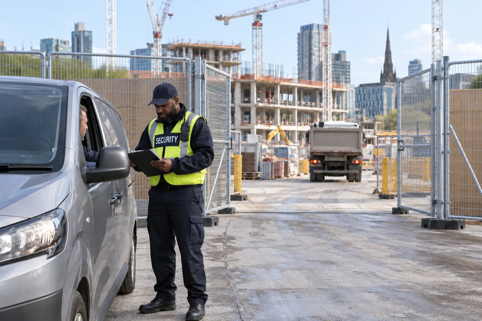 Security officer managing controlled vehicle access at a UK city construction site entrance