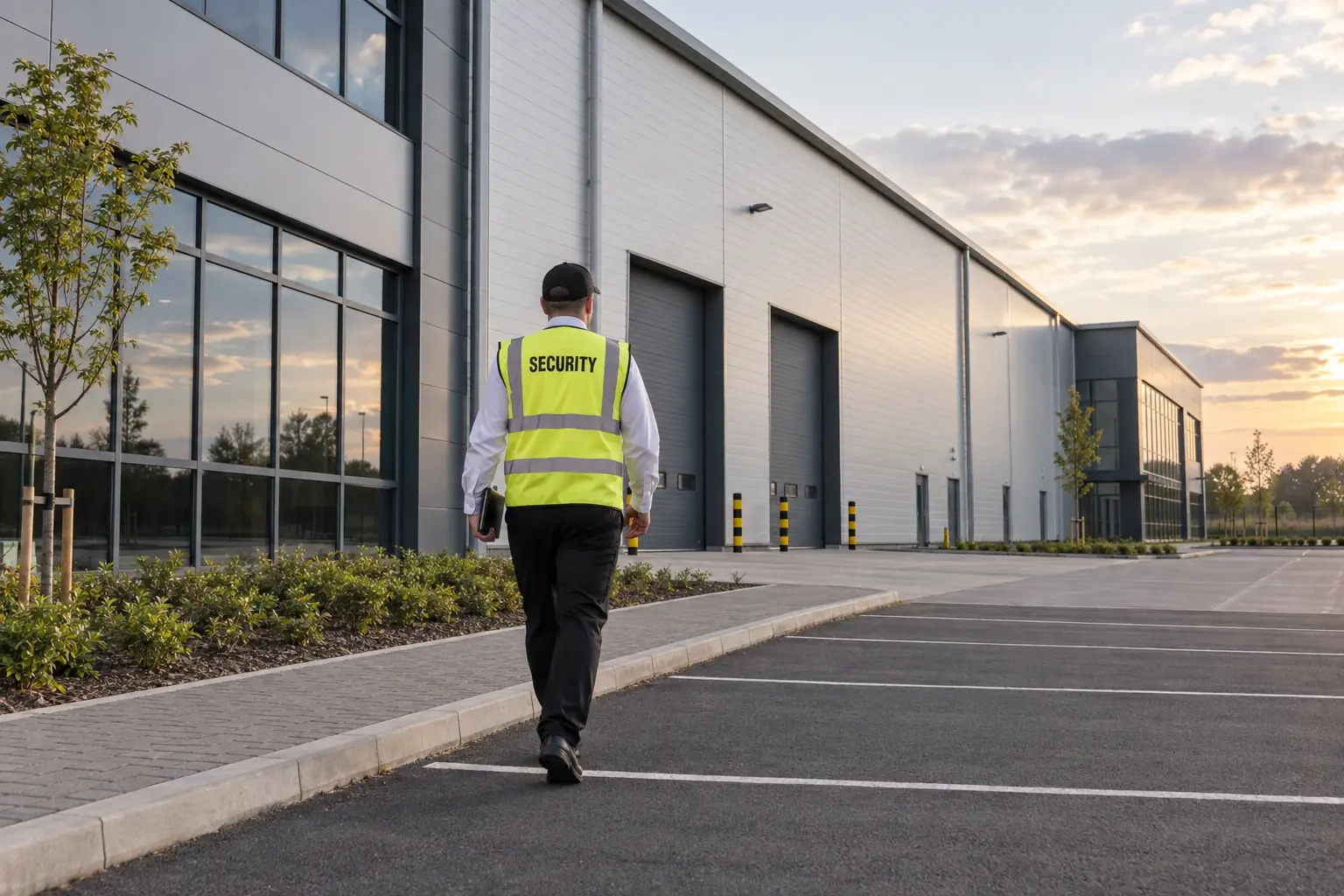 Security officer patrolling outside a large newly built vacant commercial unit