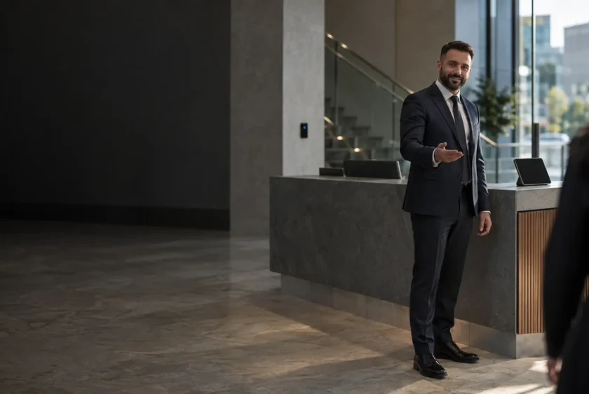 Front of house security officer greeting a visitor at an office reception desk
