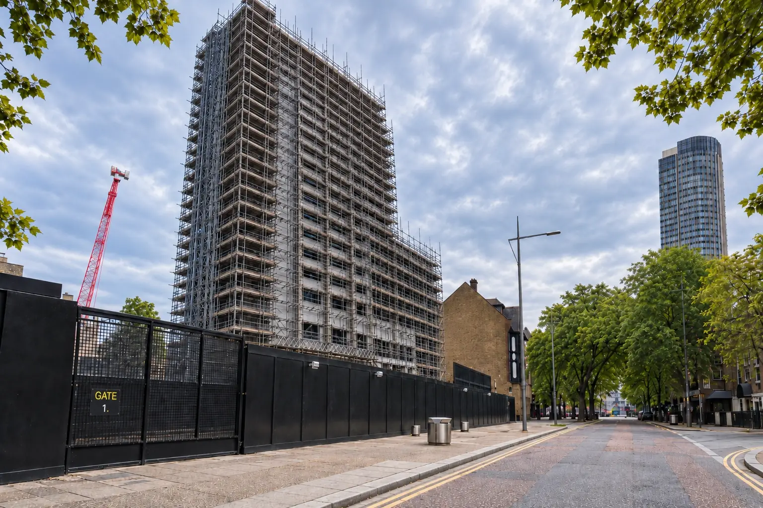 Hoarded perimeter and Gate 1 access at the former London Television Centre site, 72 Upper Ground, South Bank.