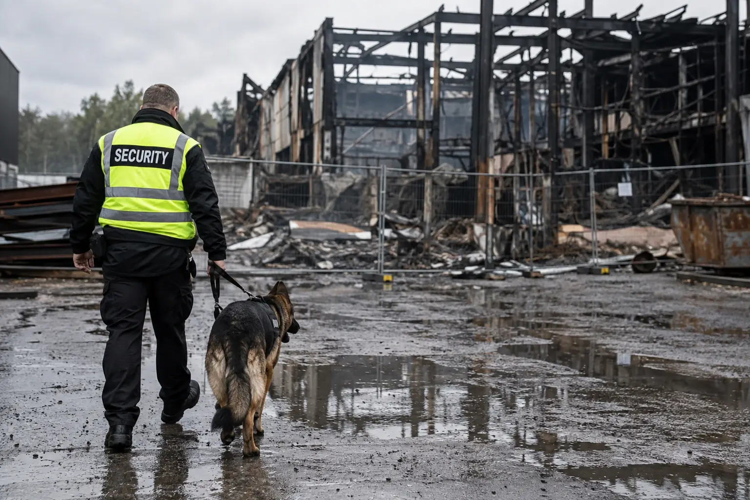 Security dog handler patrolling a fire-damaged industrial site during the post-incident investigation period.