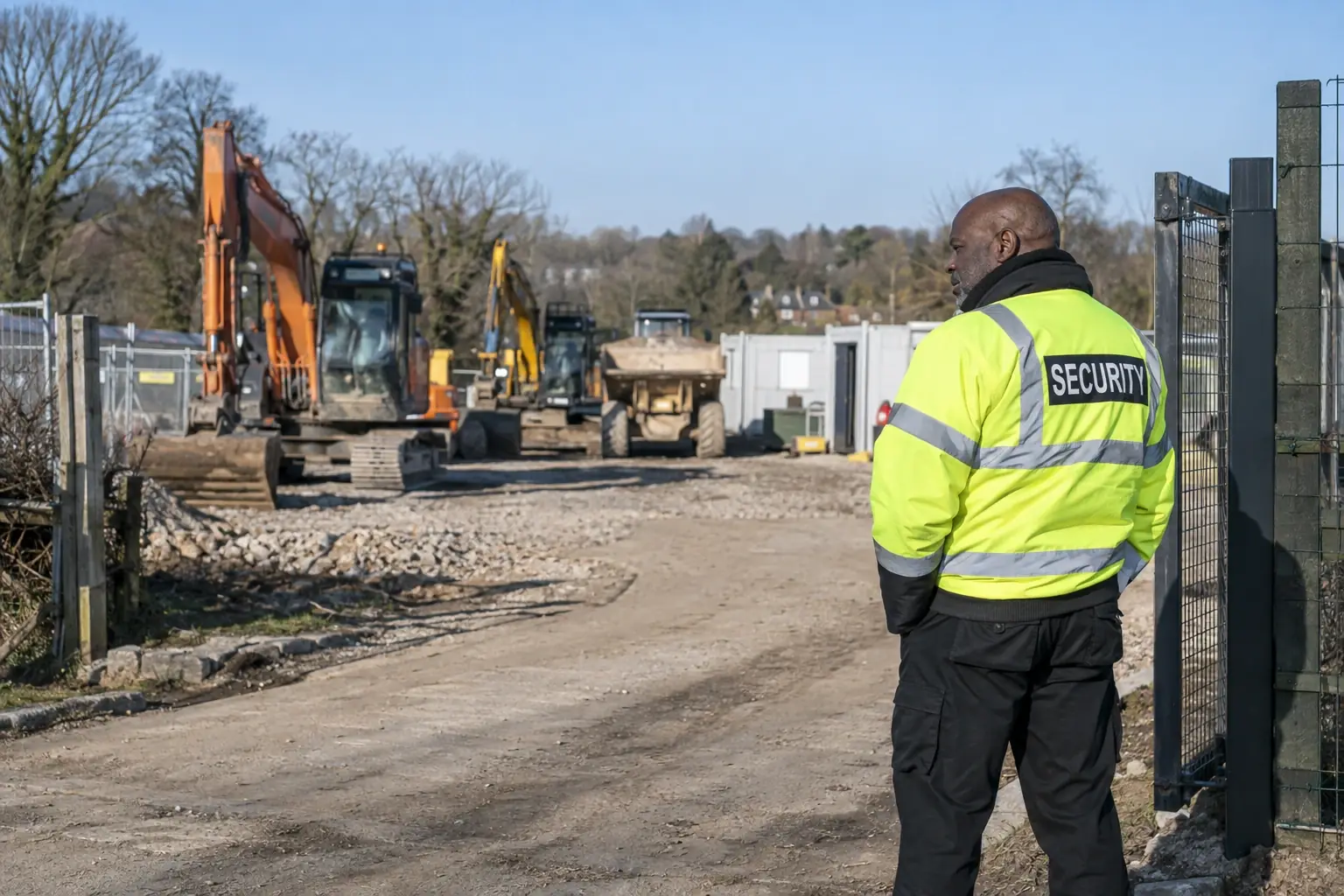 Security officer guarding a civil engineering compound with parked excavators and welfare units.