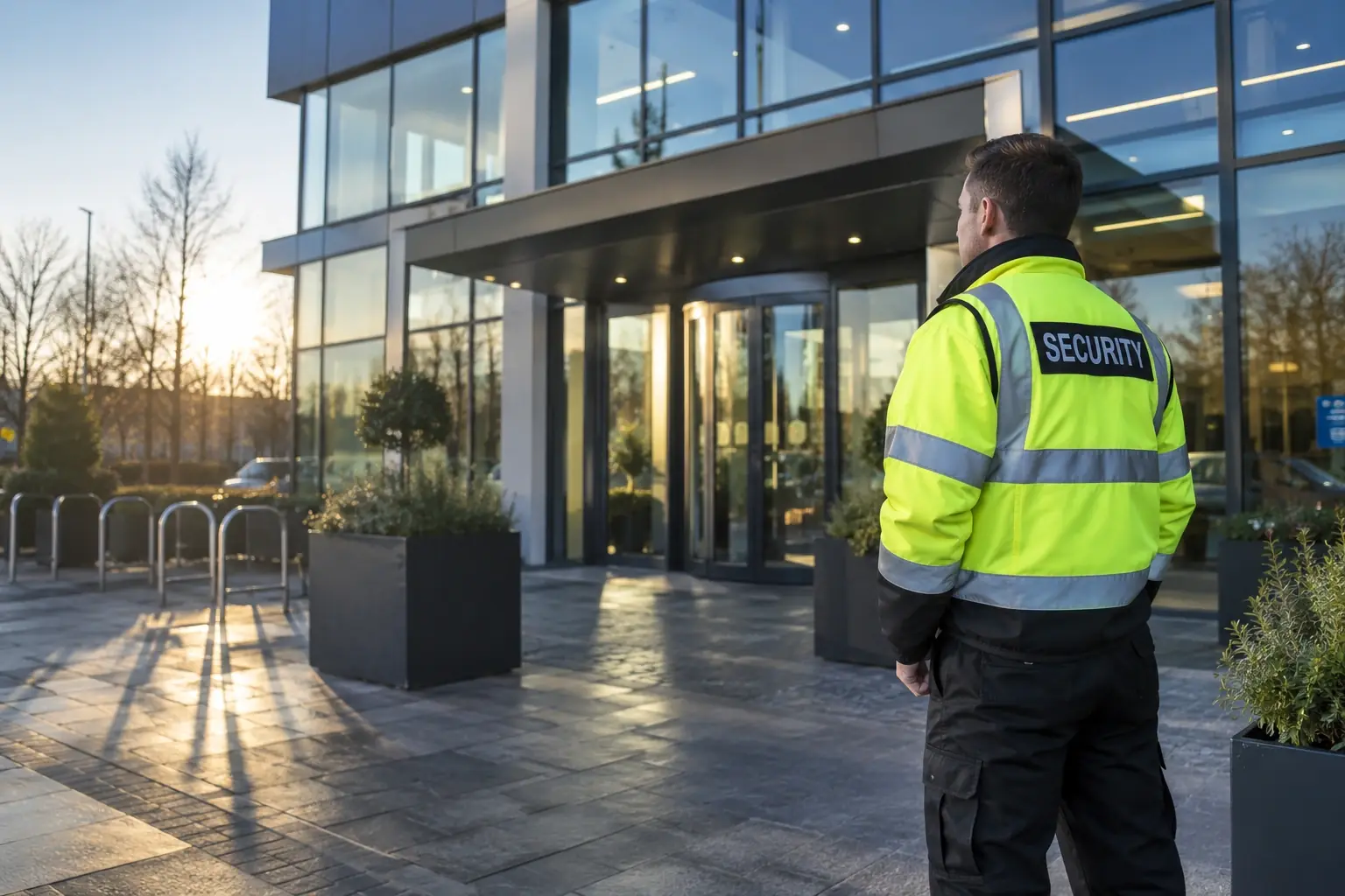 Security officer on duty at the main entrance of a modern commercial office building.