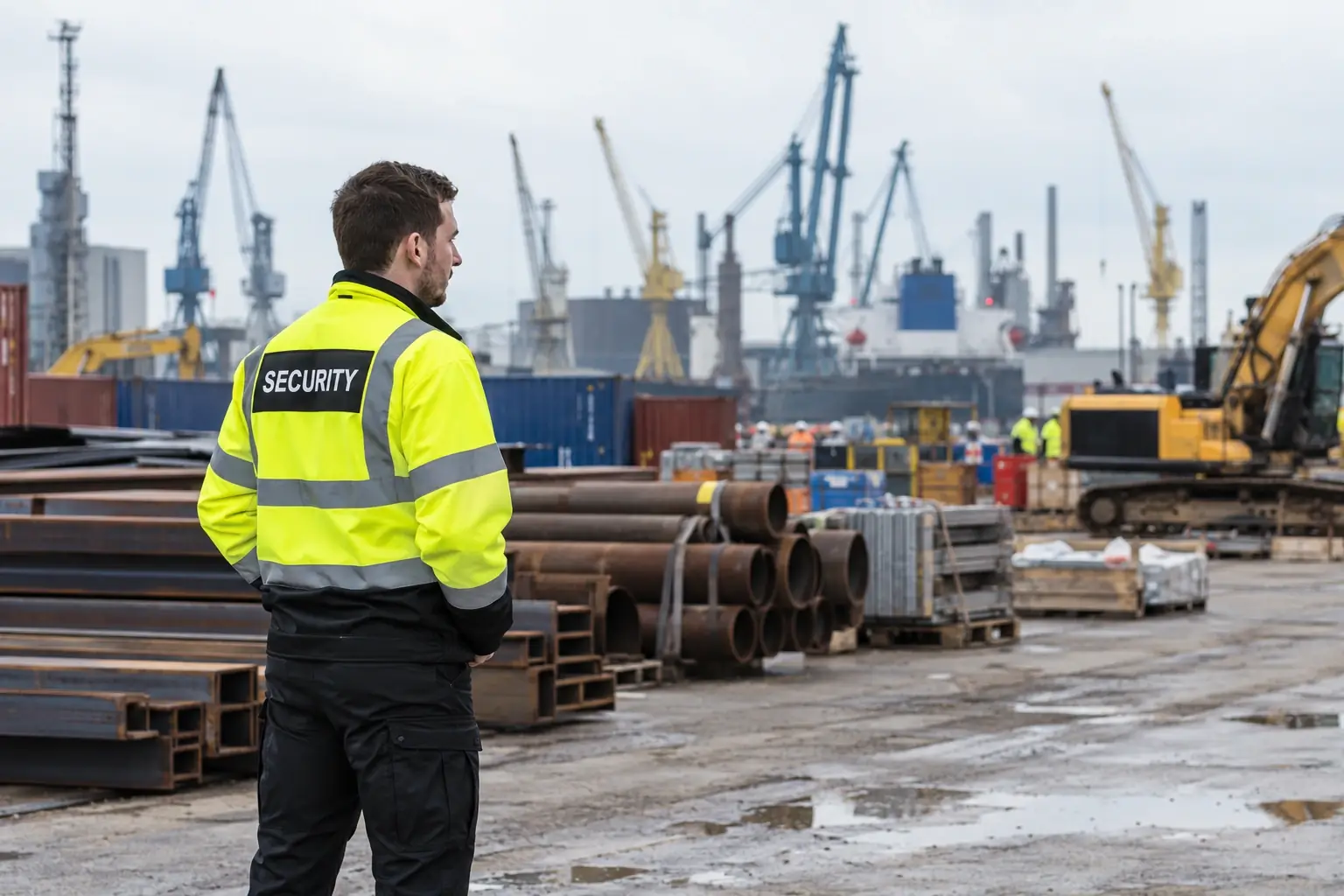 Security officer guarding an engineering contractor's laydown yard of steel, plant and containers.