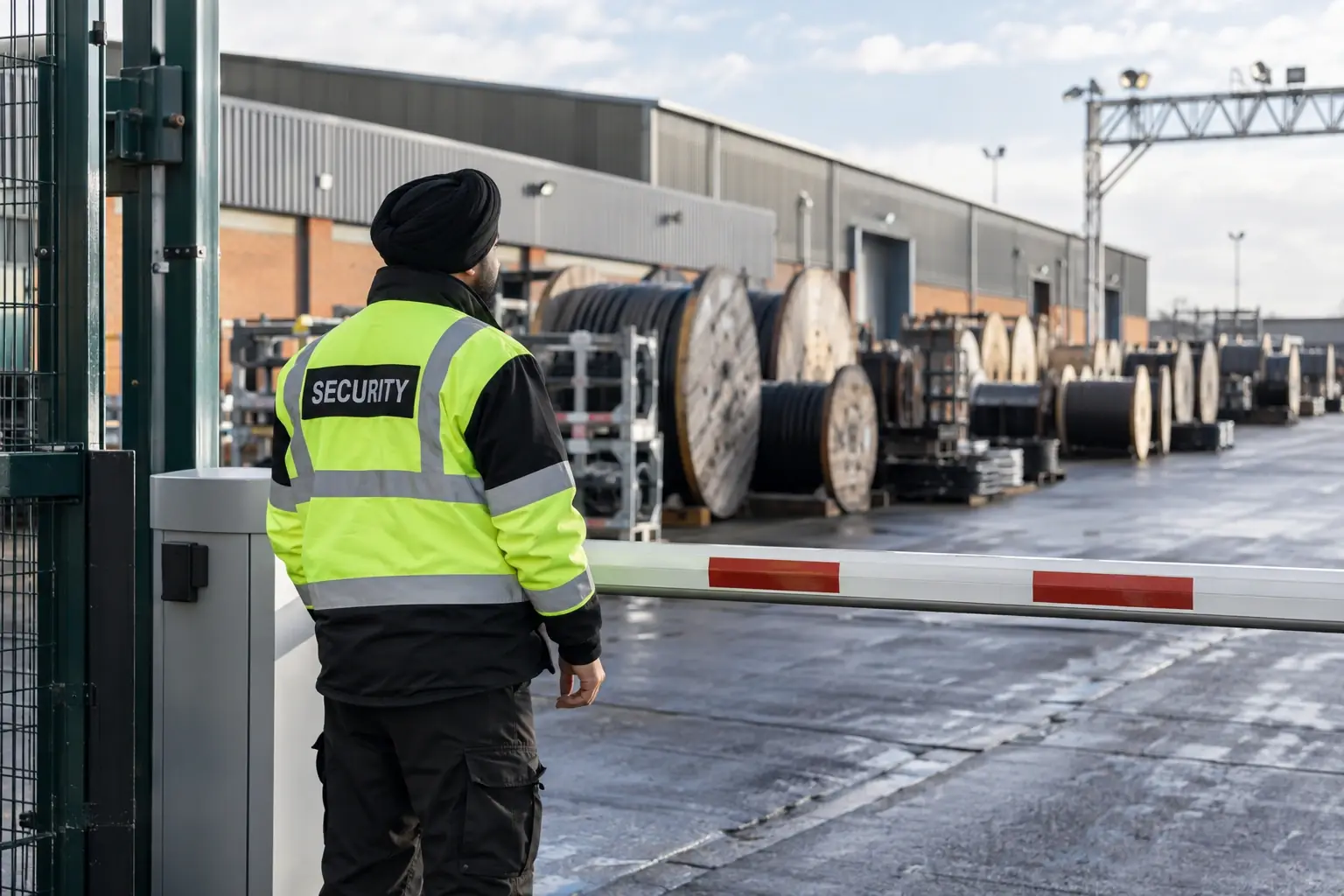 Security officer controlling the vehicle gate at an industrial cable and power works.