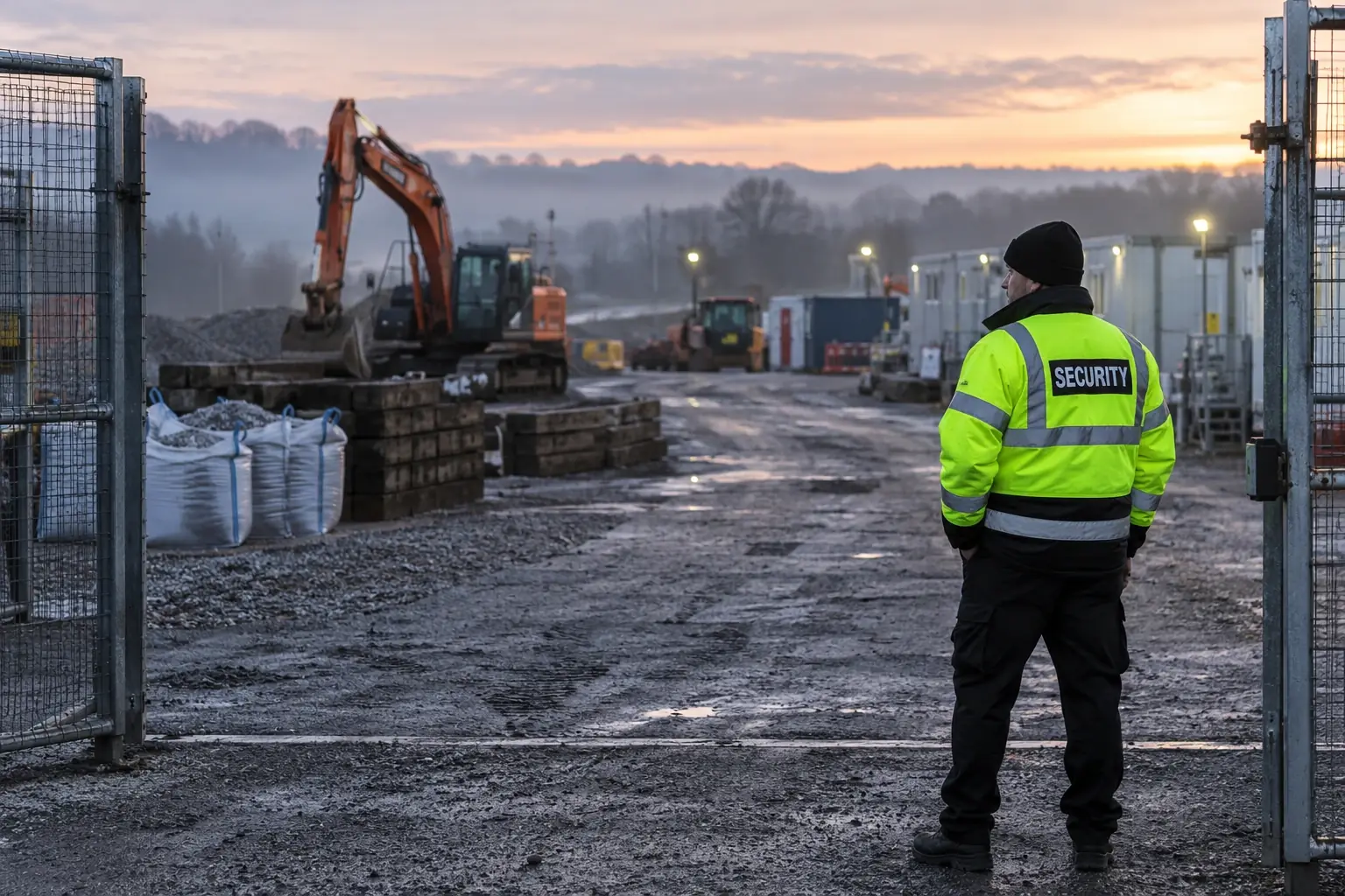 Security officer on duty at a fenced infrastructure works compound at first light.