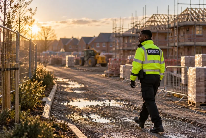 Security officer on perimeter patrol alongside a new-build residential development at dusk.