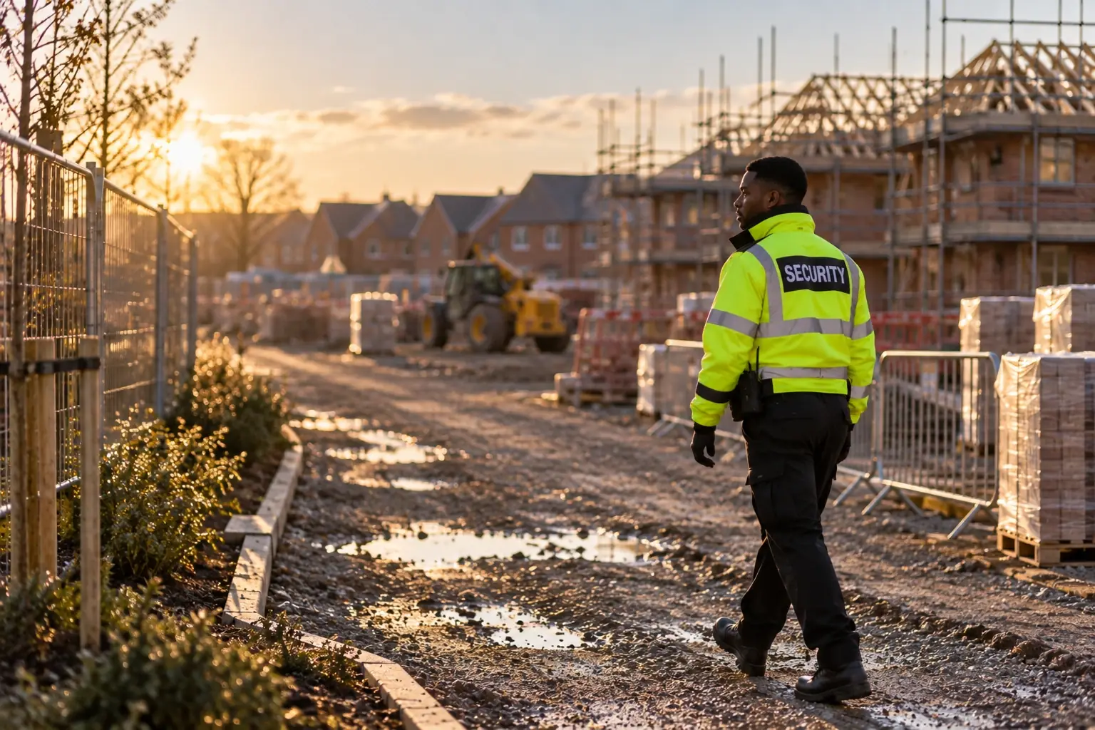Security officer on perimeter patrol alongside a new-build residential development at dusk.