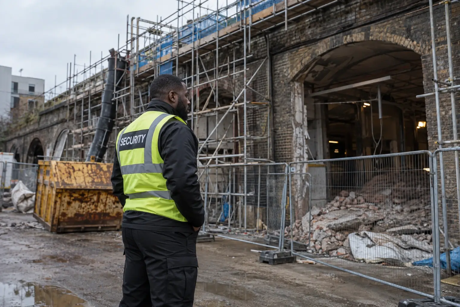 Security officer on duty at the hoarding of a demolition and strip-out project in Victorian railway arches.