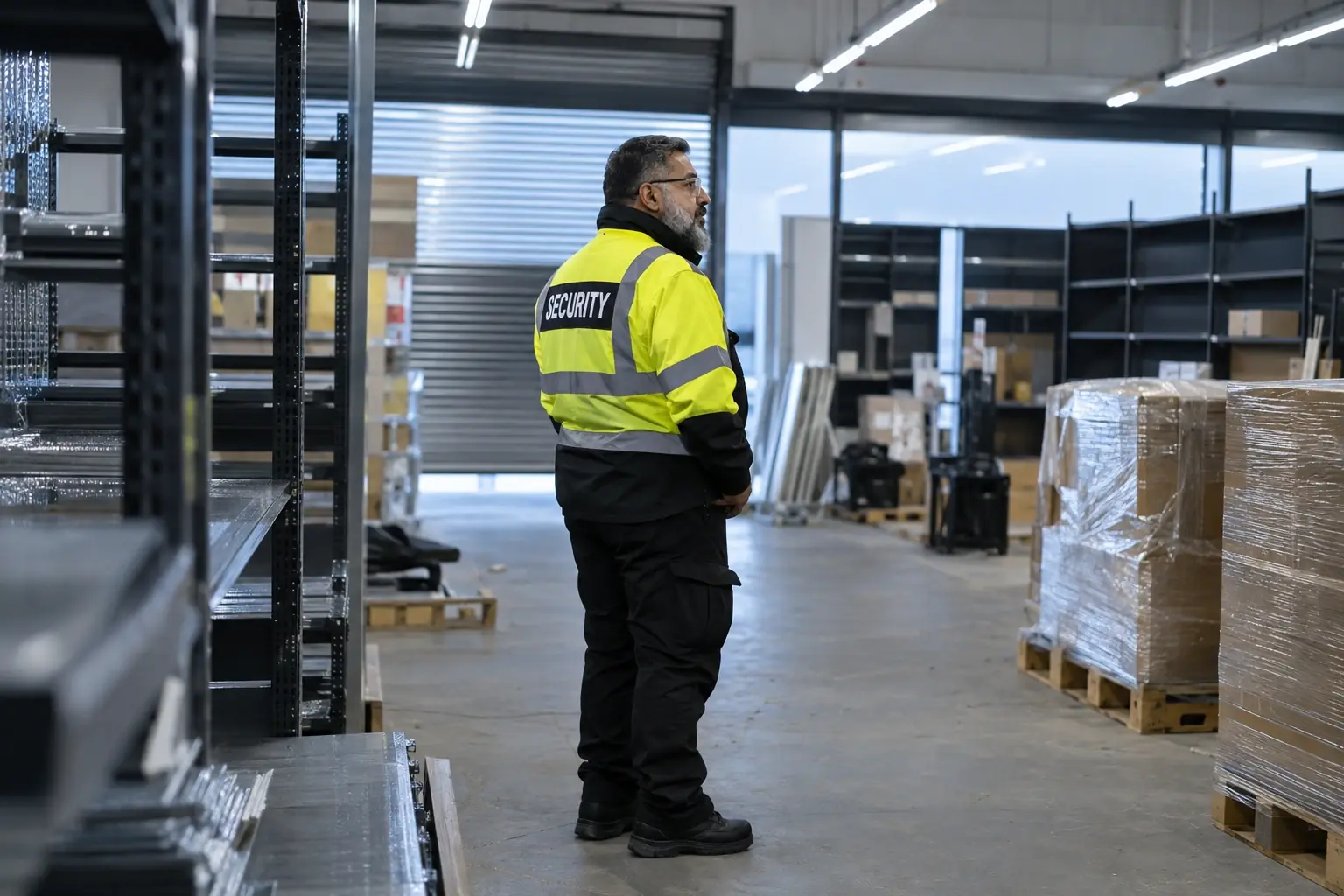 Security officer guarding a retail unit during shopfitting and stock-in works.
