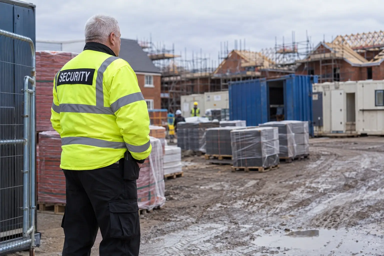 Security officer guarding a site compound and materials store on a residential development.