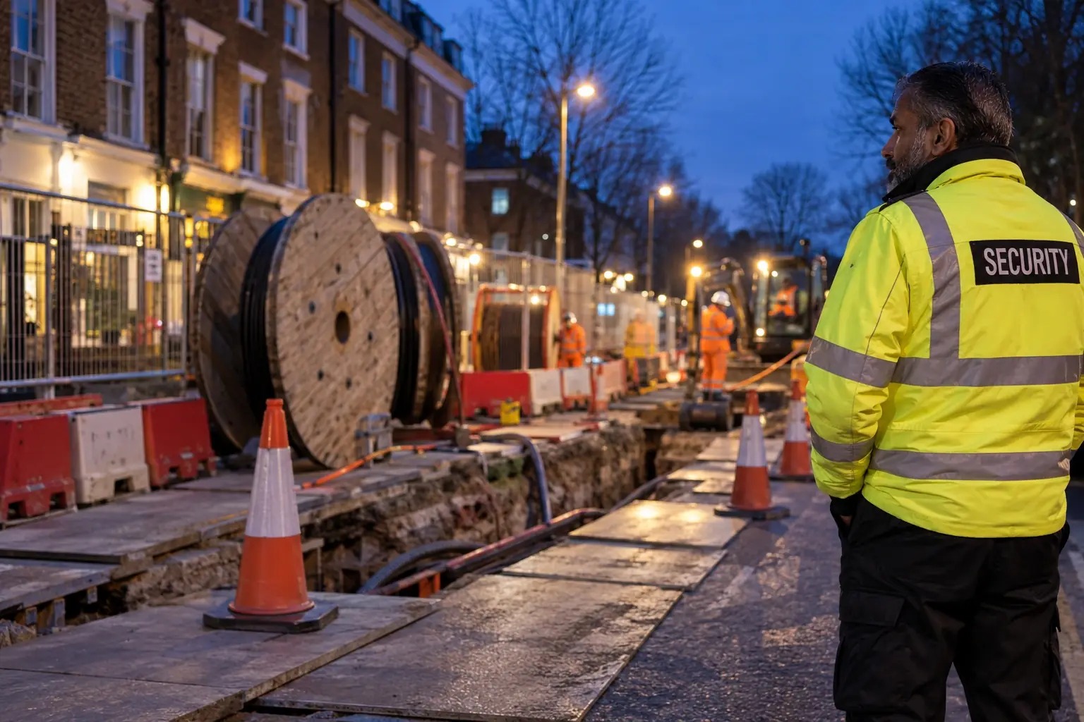 Security officer guarding an urban cable excavation and coned traffic management area at dusk.