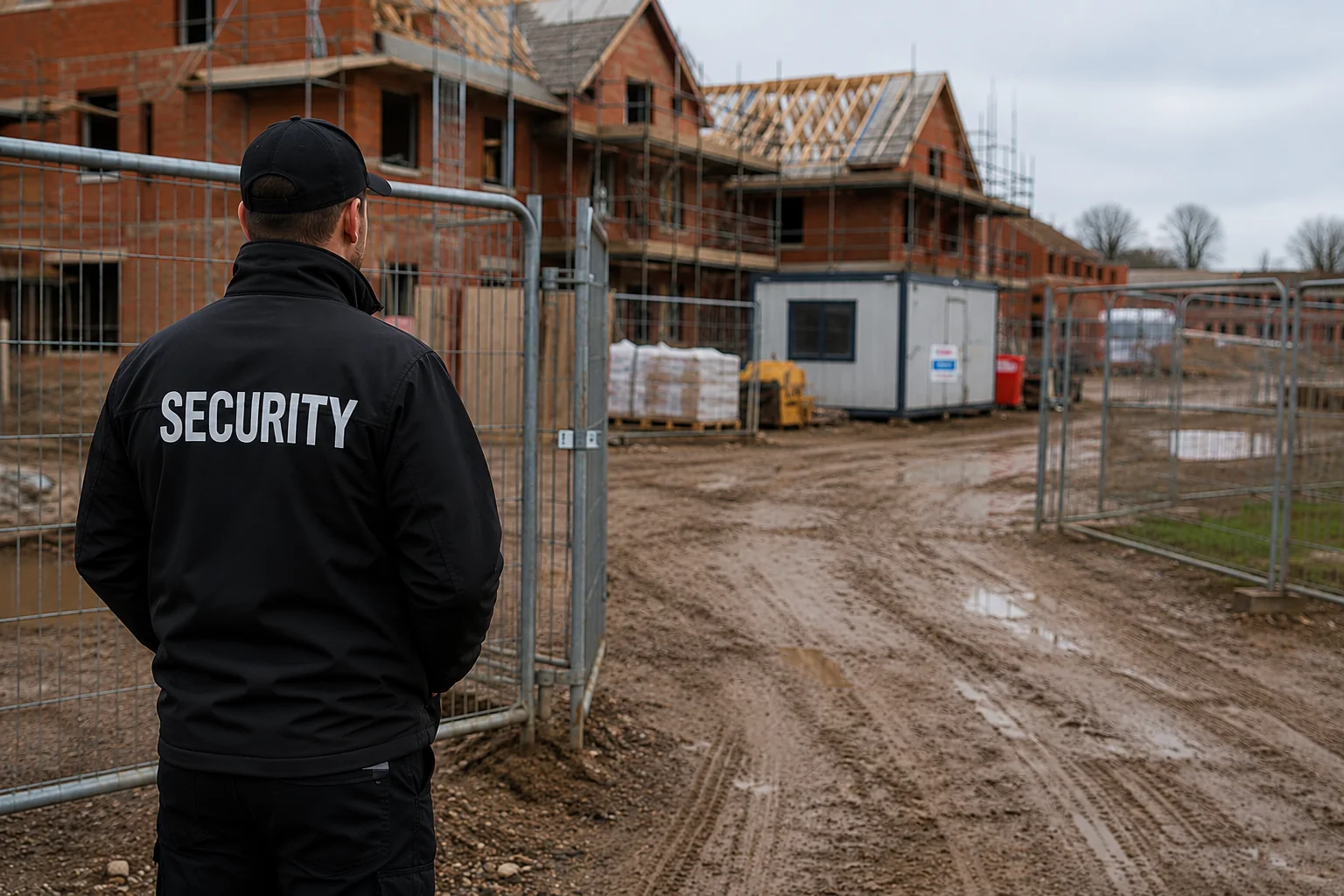 SIA-licensed security guard on duty at the gated entrance to a UK residential construction site