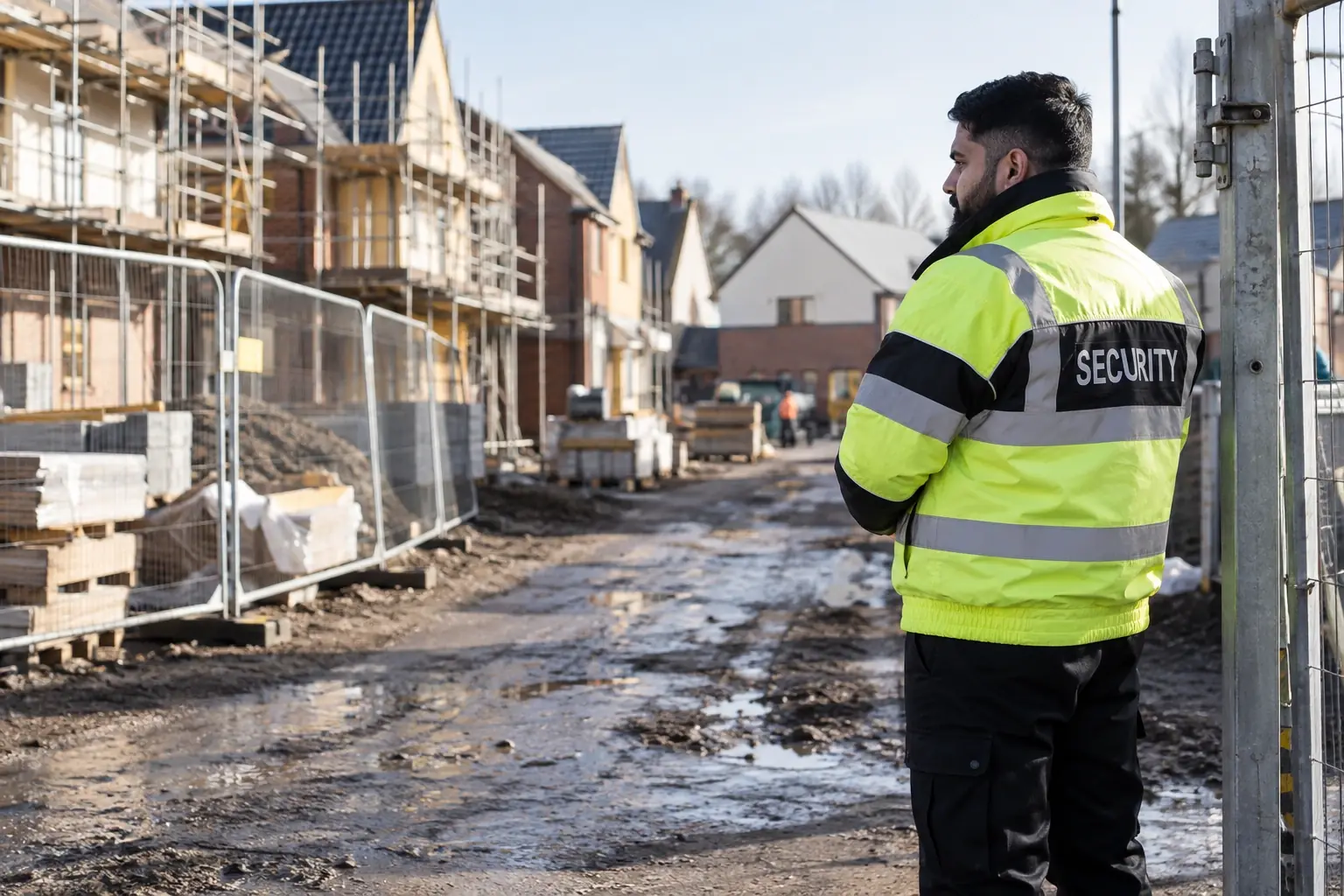 Security officer controlling the entrance to an active residential development under construction.